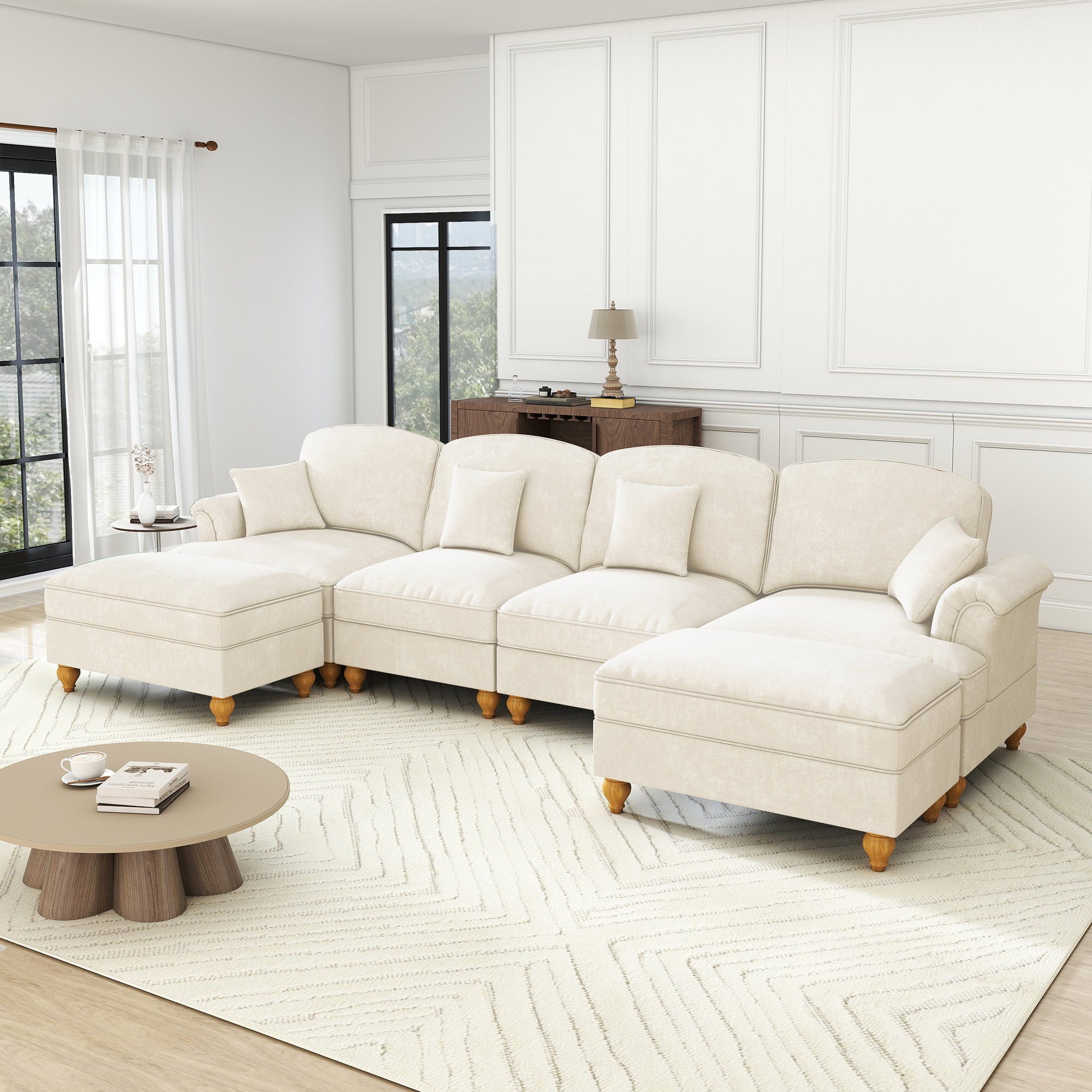 Modular U-Shaped Sofa 4-Seater Movable Ottoman Removable Apron - White Chenille