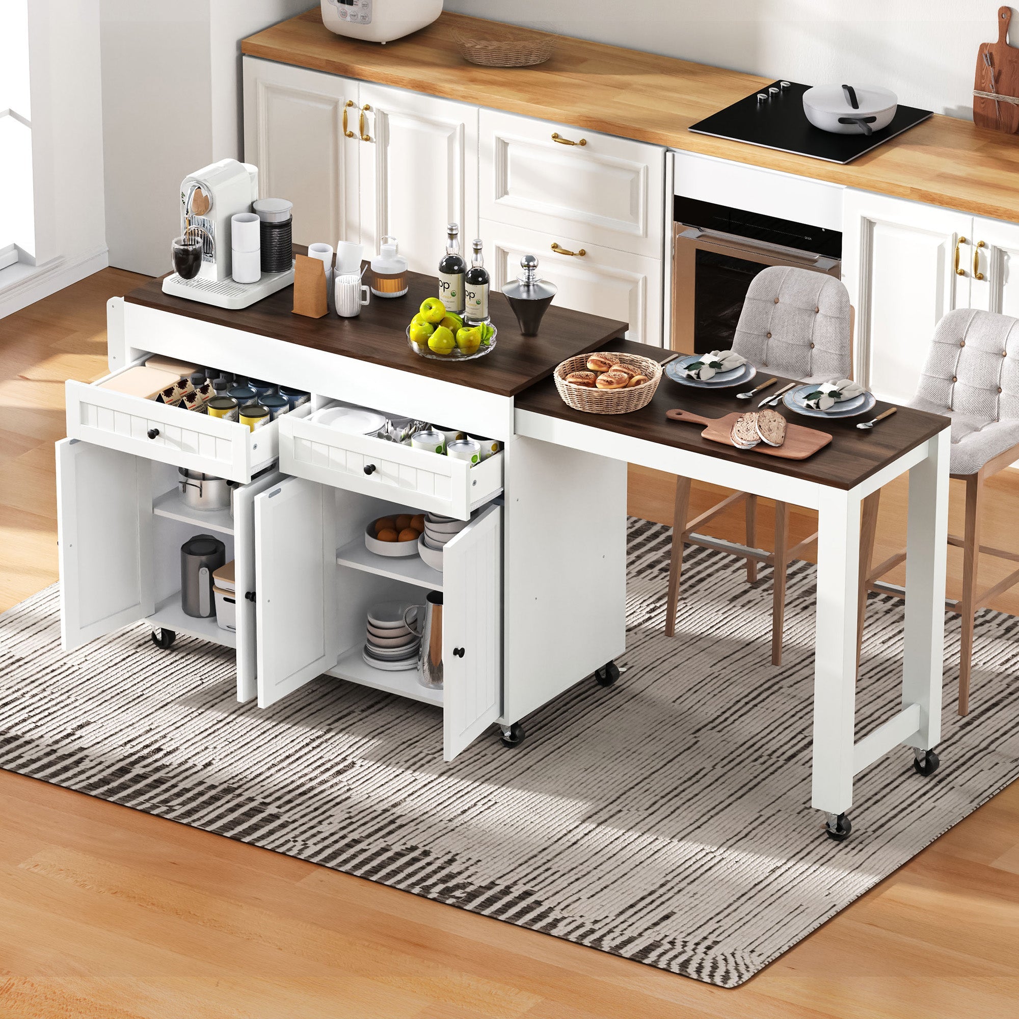 Kitchen Island on Wheels, Extendable with Worktop & Drawers, White + Walnut