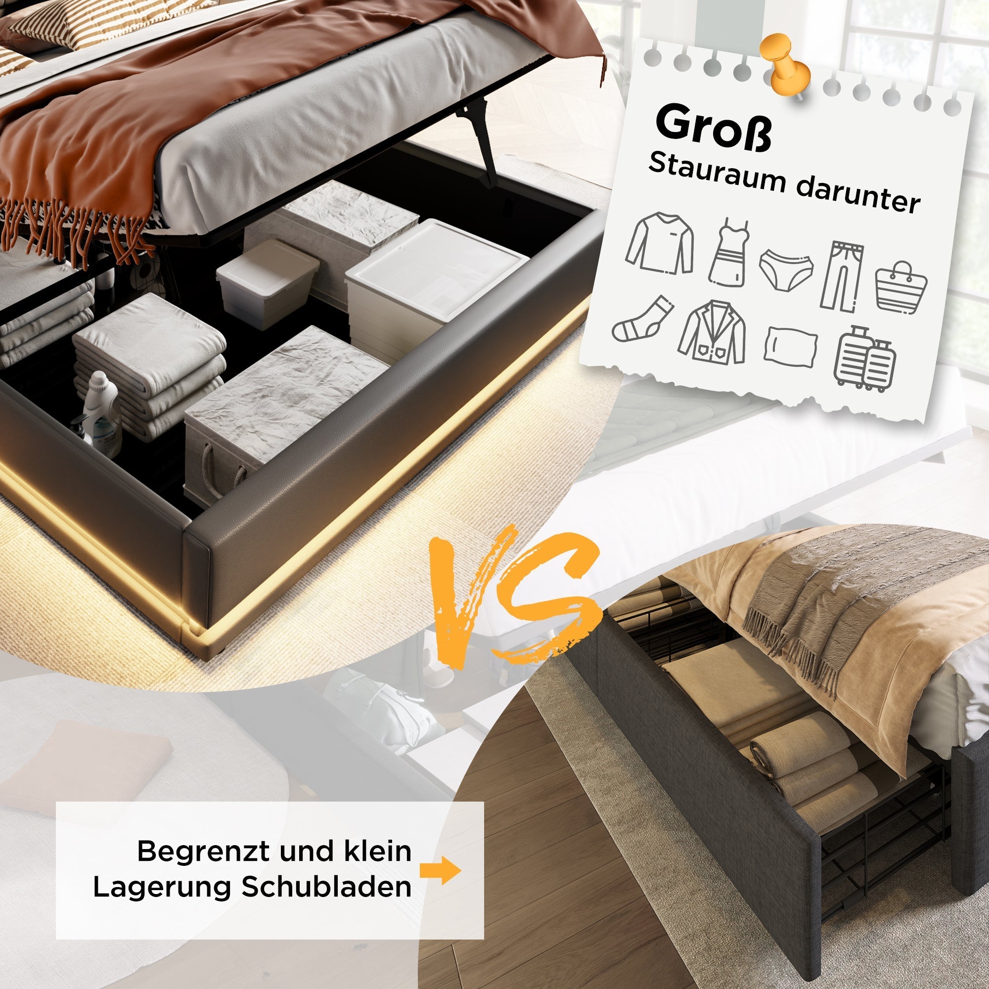Upholstered Double Bed 160x200cm, Hydraulic Storage & USB Charging, Black PU Leather