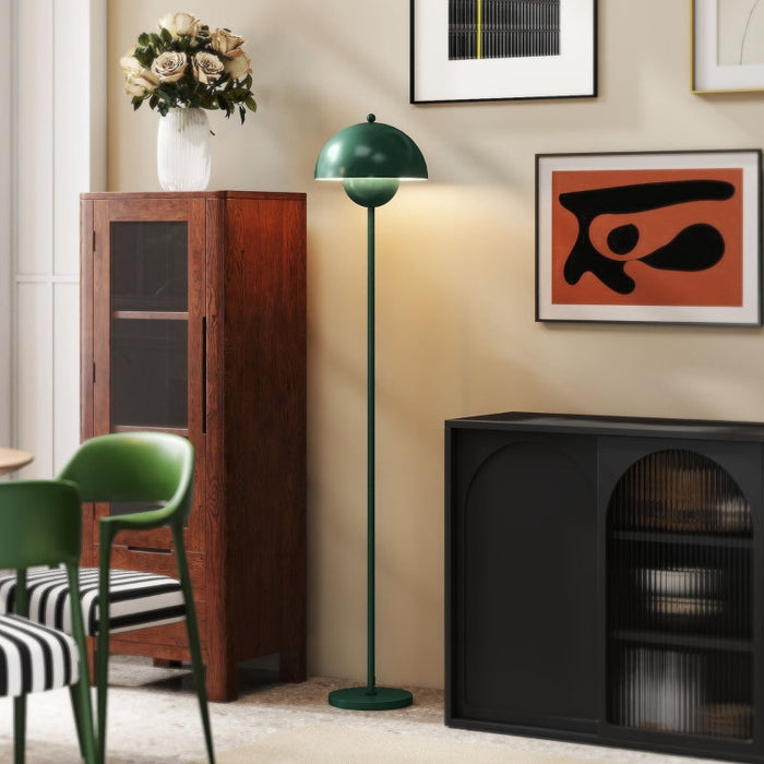 Floor lamp with round shade, reflective light, foot switch, steel stand, green