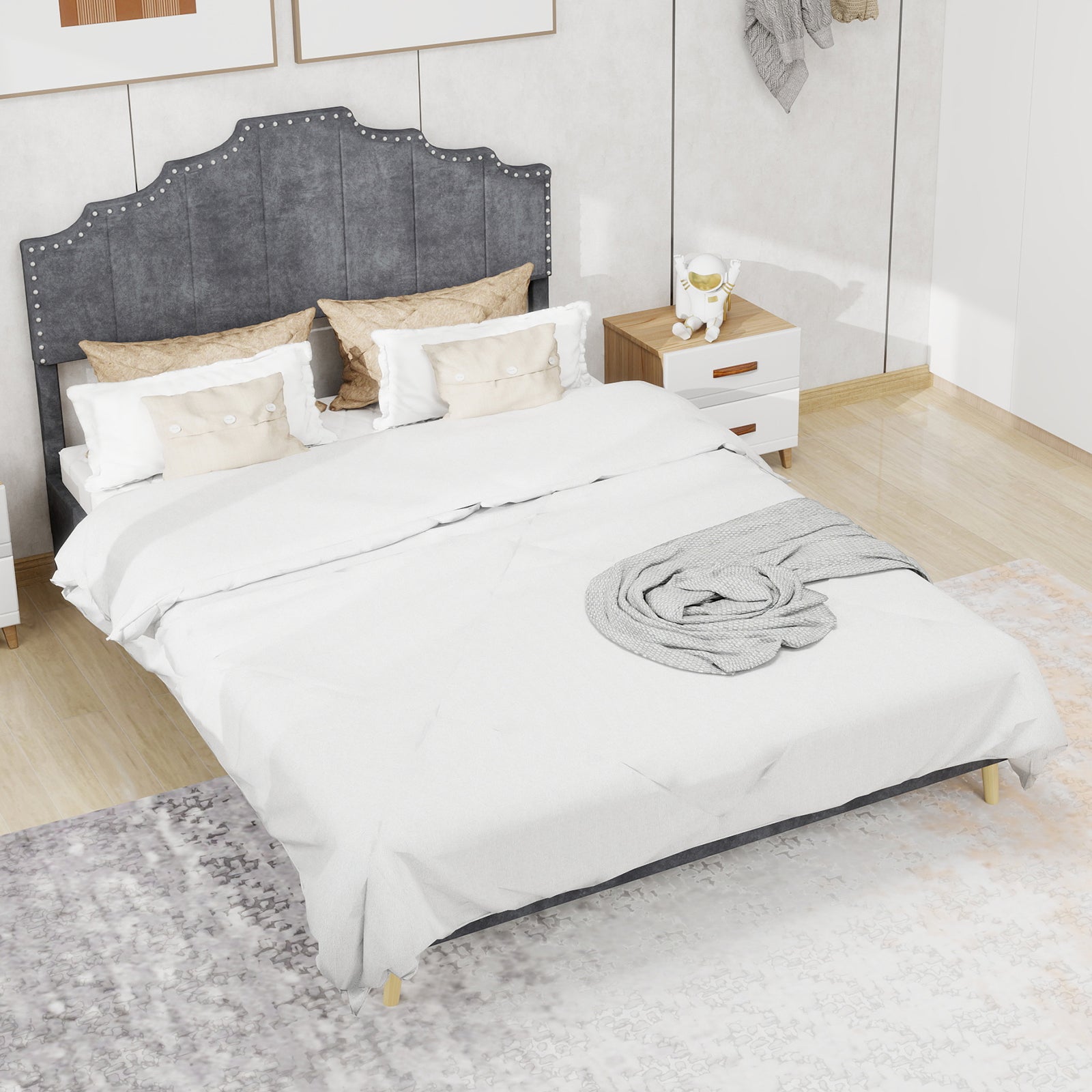 Modern Minimalist Soft Bed with Comfortable Headboard and Low Box Frame 160x200cm, Gray