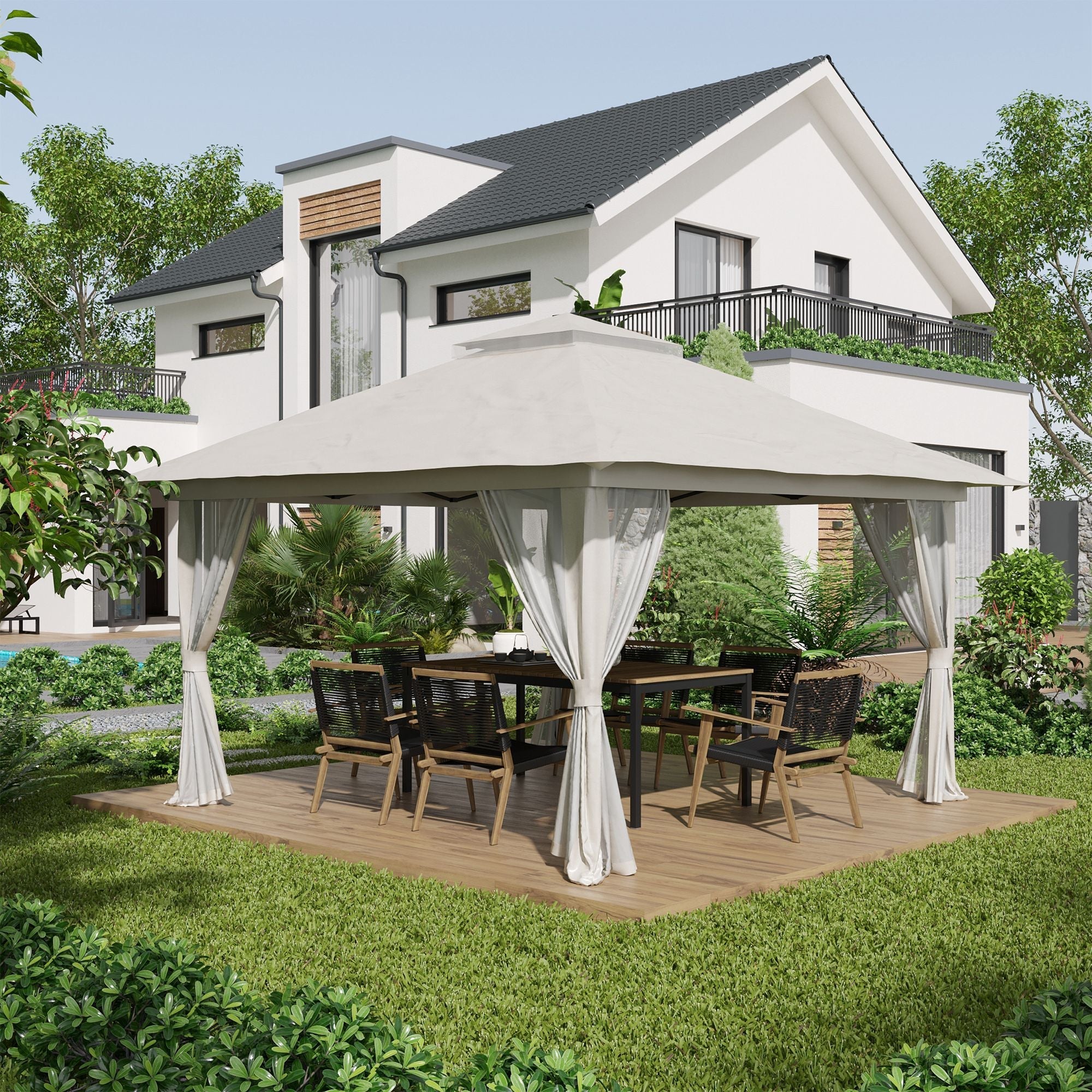 Folding Pavilion 4x4m Mesh Curtains UV Protection Double Roof, Cream White