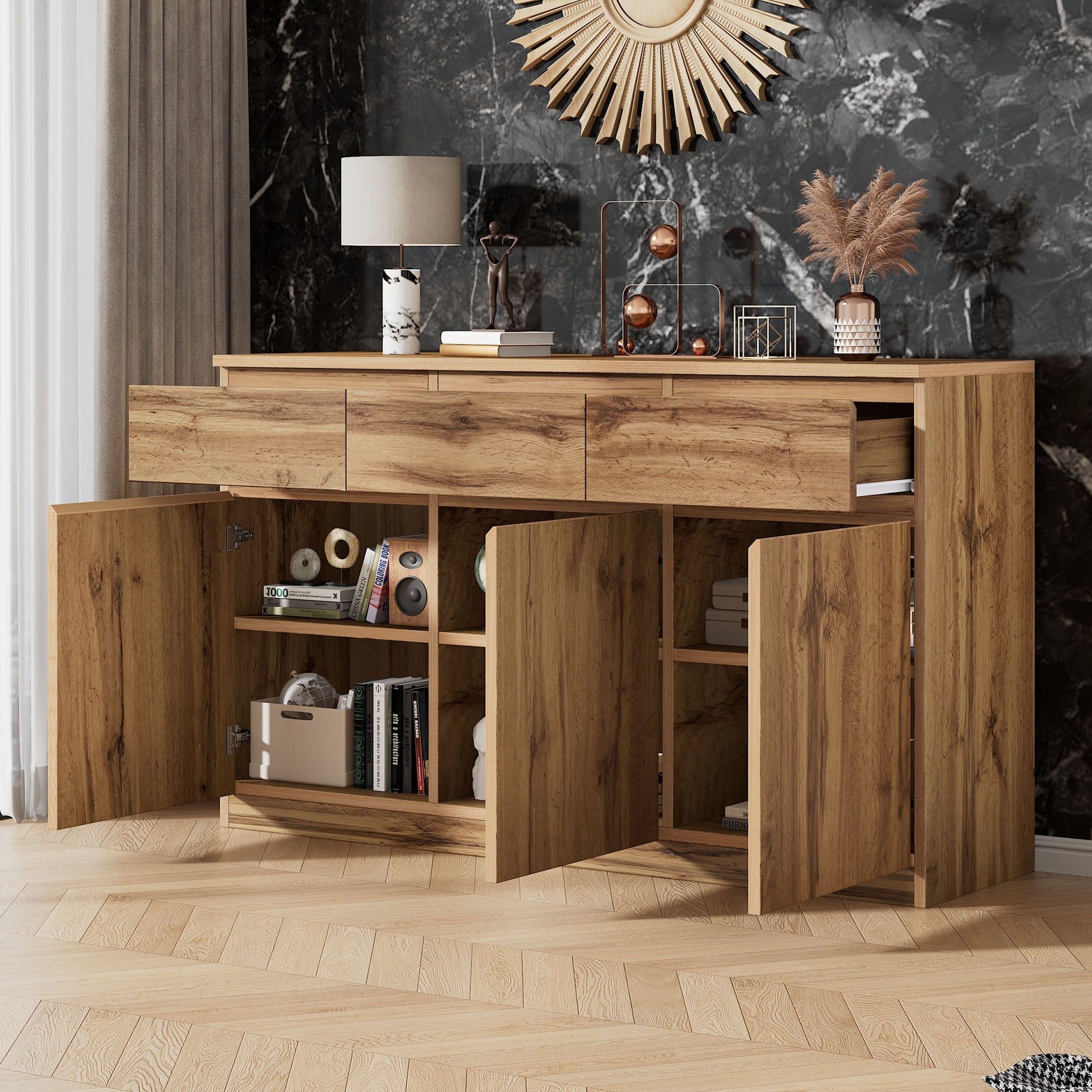 Multifunctional Sideboard 3 Doors 3 Drawers 135x40x81cm - Authentic Wood Look