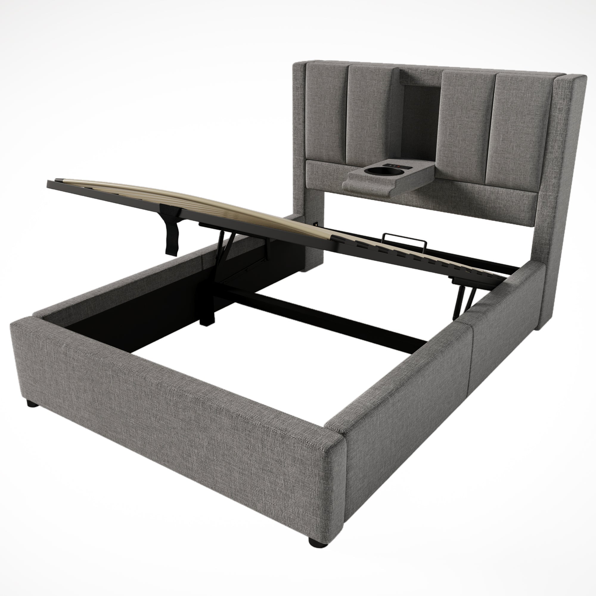 Upholstered Single Bed 90x200cm Hydraulic Storage Cup Holder Charging Station - Linen Grey (With Mattress)