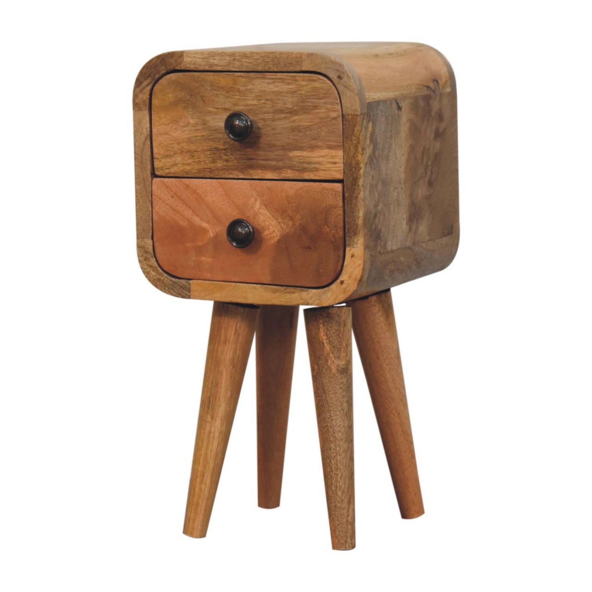 Solid Wood Bedside, Extra Mini Curved 2 Drawers, Brown