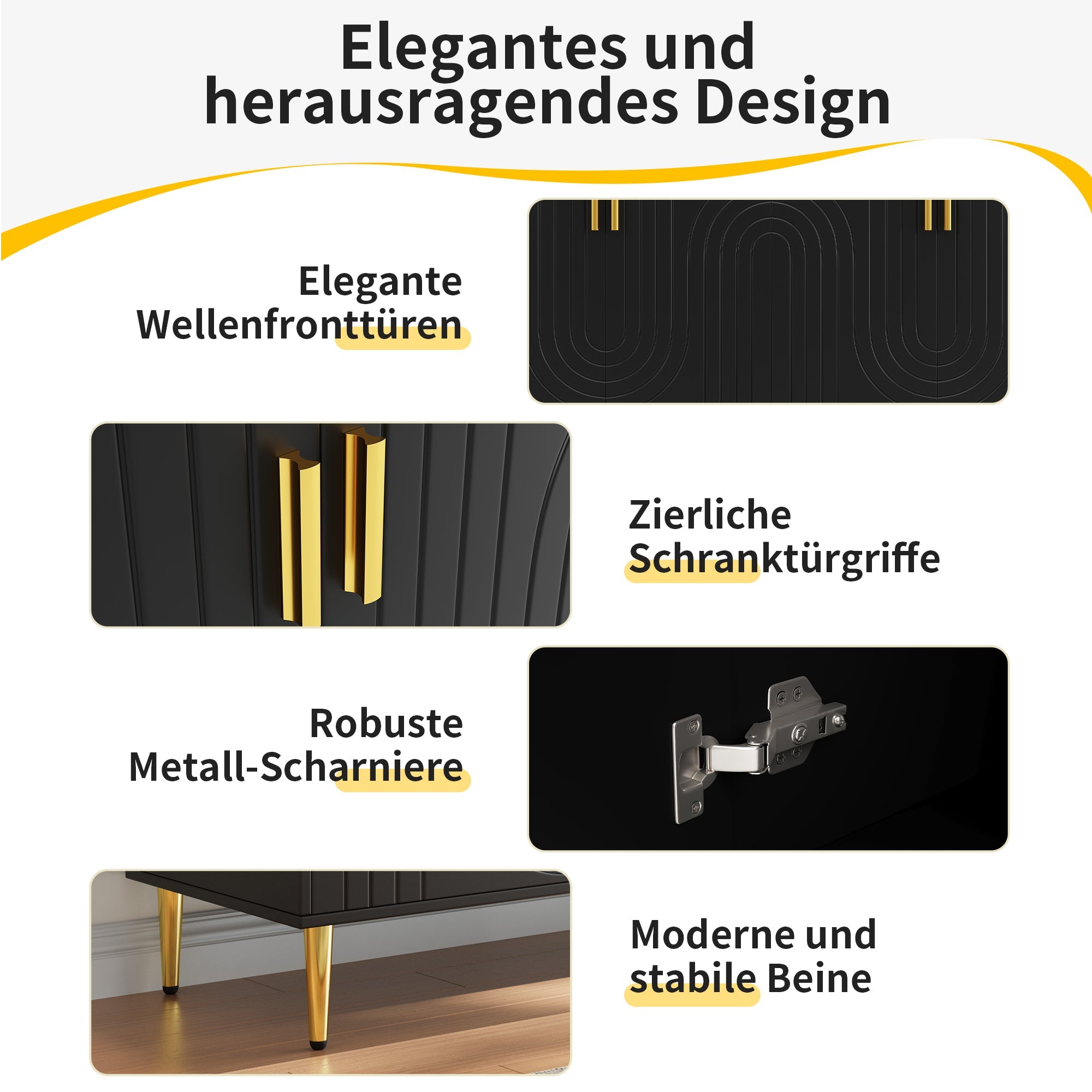 Sideboard, Unique Wave Design, Gold Handles and Feet, 152x40x75cm, Black