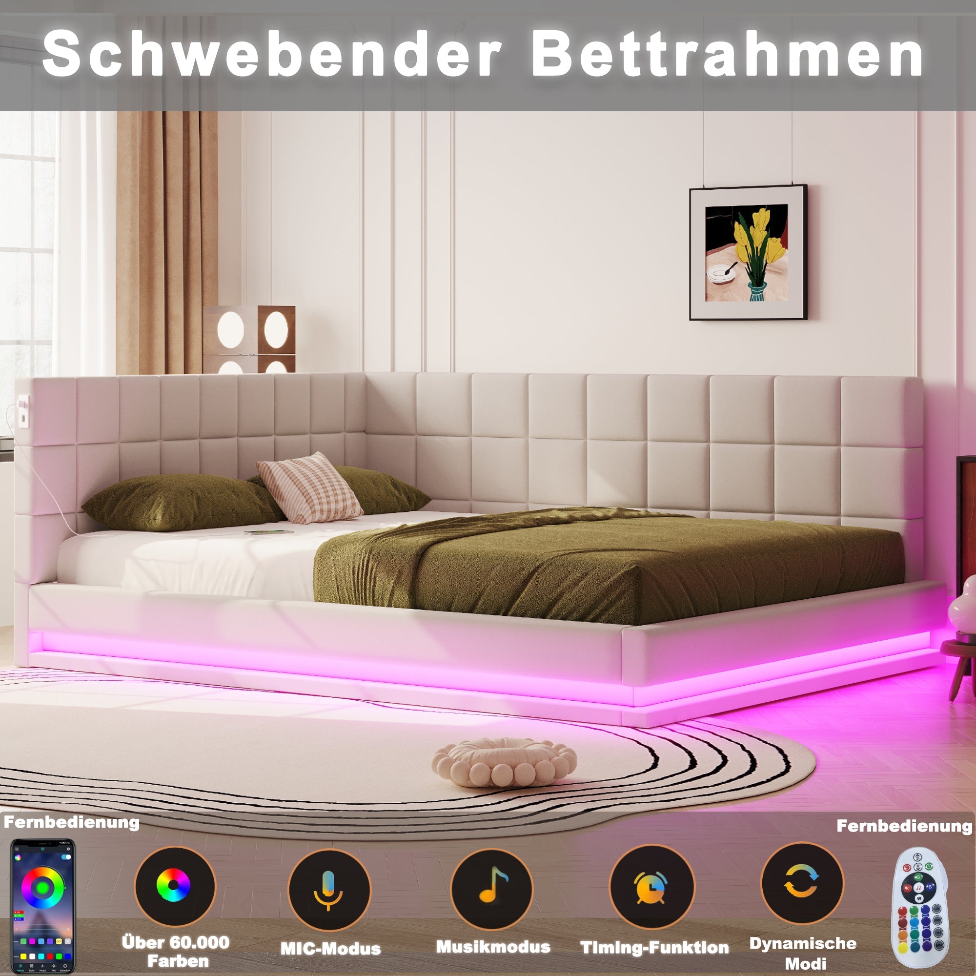 Upholstered Sofa Bed 160x200cm Multifunctional LED USB Slatted Frame - Velvet Beige