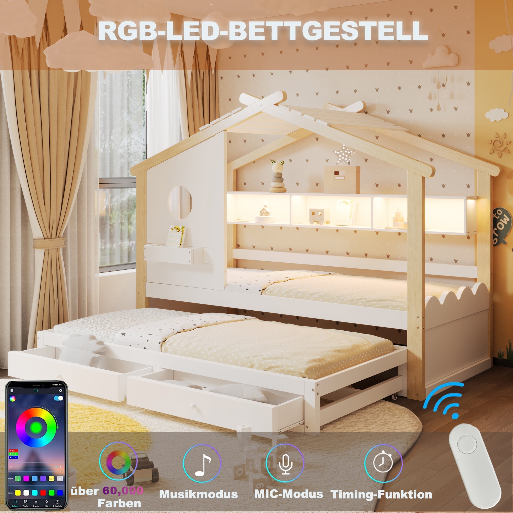 House-Shaped Children's Bed with Pull-out Bed, Drawers, USB, LED and Shelves, 90x200cm, White and Raw Wood