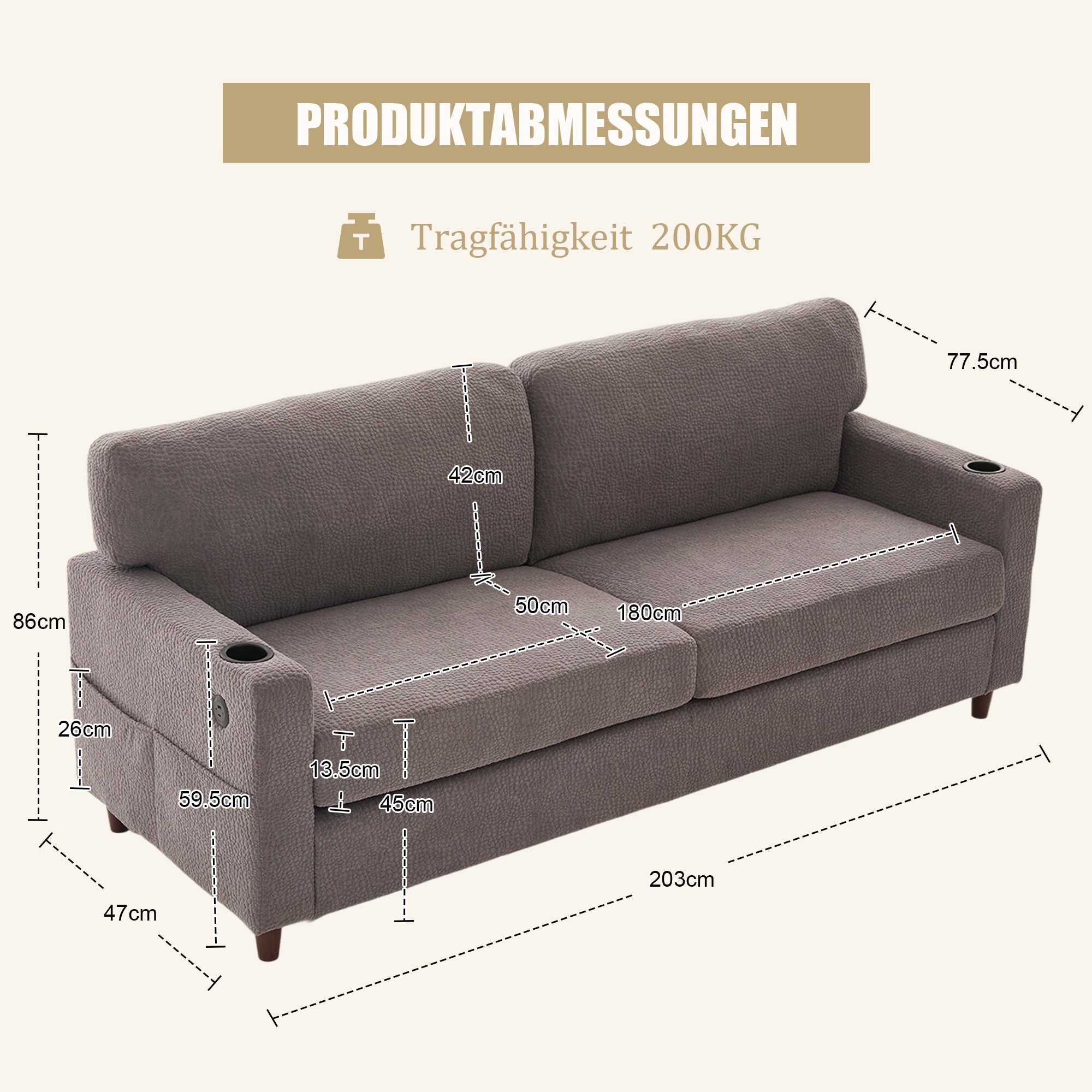 2-Seater Sofa USB-C LED Cup Holders & Pockets - Light Gray Chenille