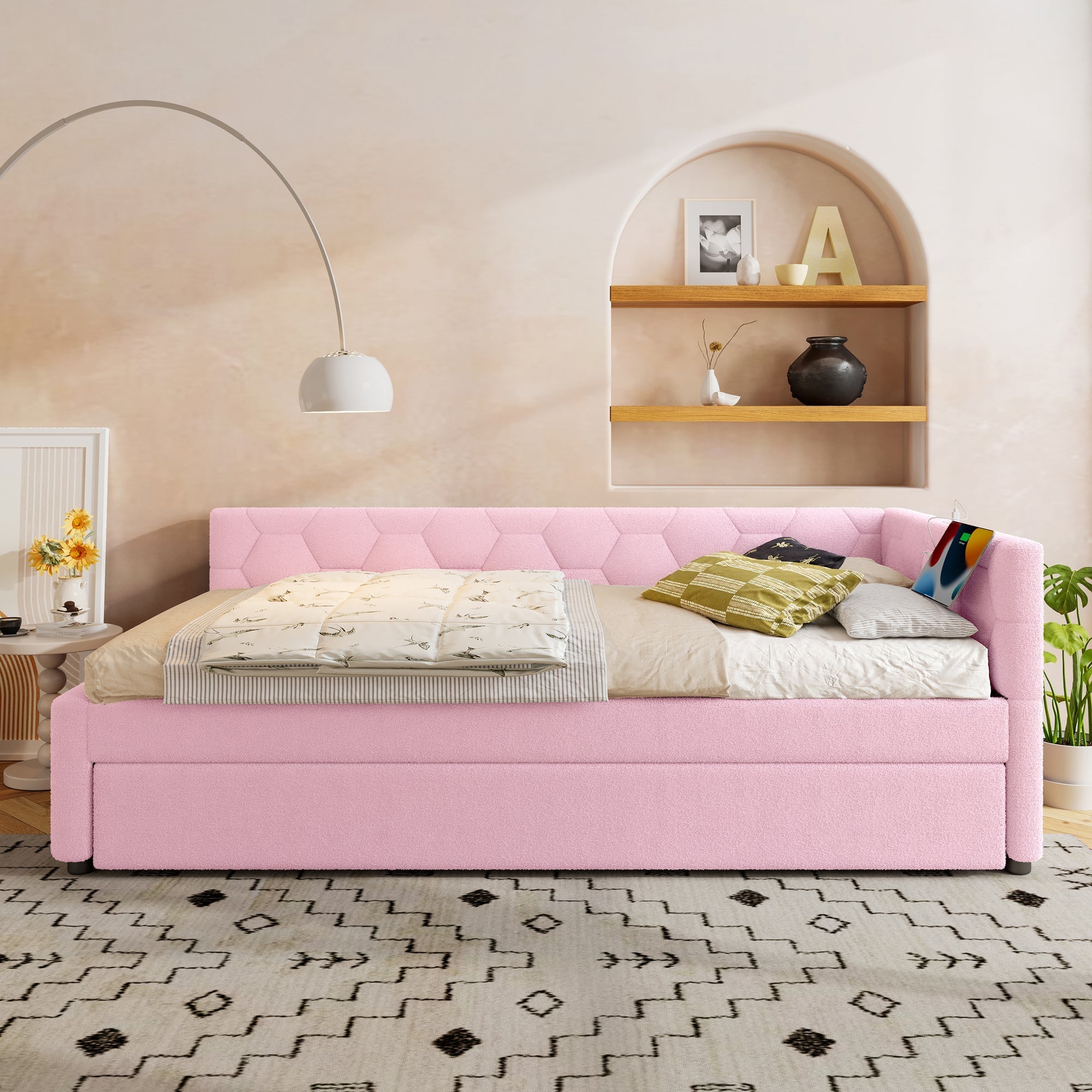 Daybed Sofa Bed 90x200cm Pull-Out Bed Bedside Lamp USB/Type-C Pink Fleece Imitation