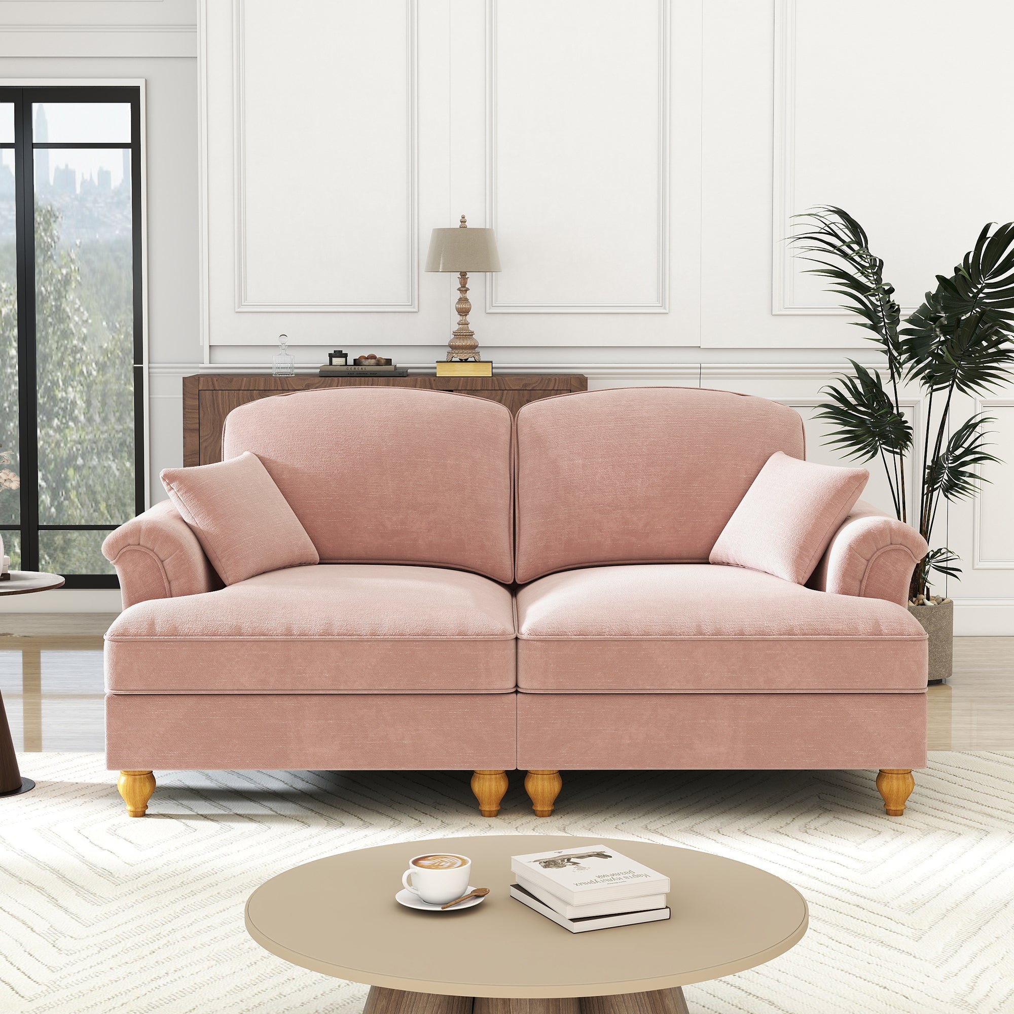 2-Seater Sofa Elegant Mid-Century Flared Armrests - Chenille Pink