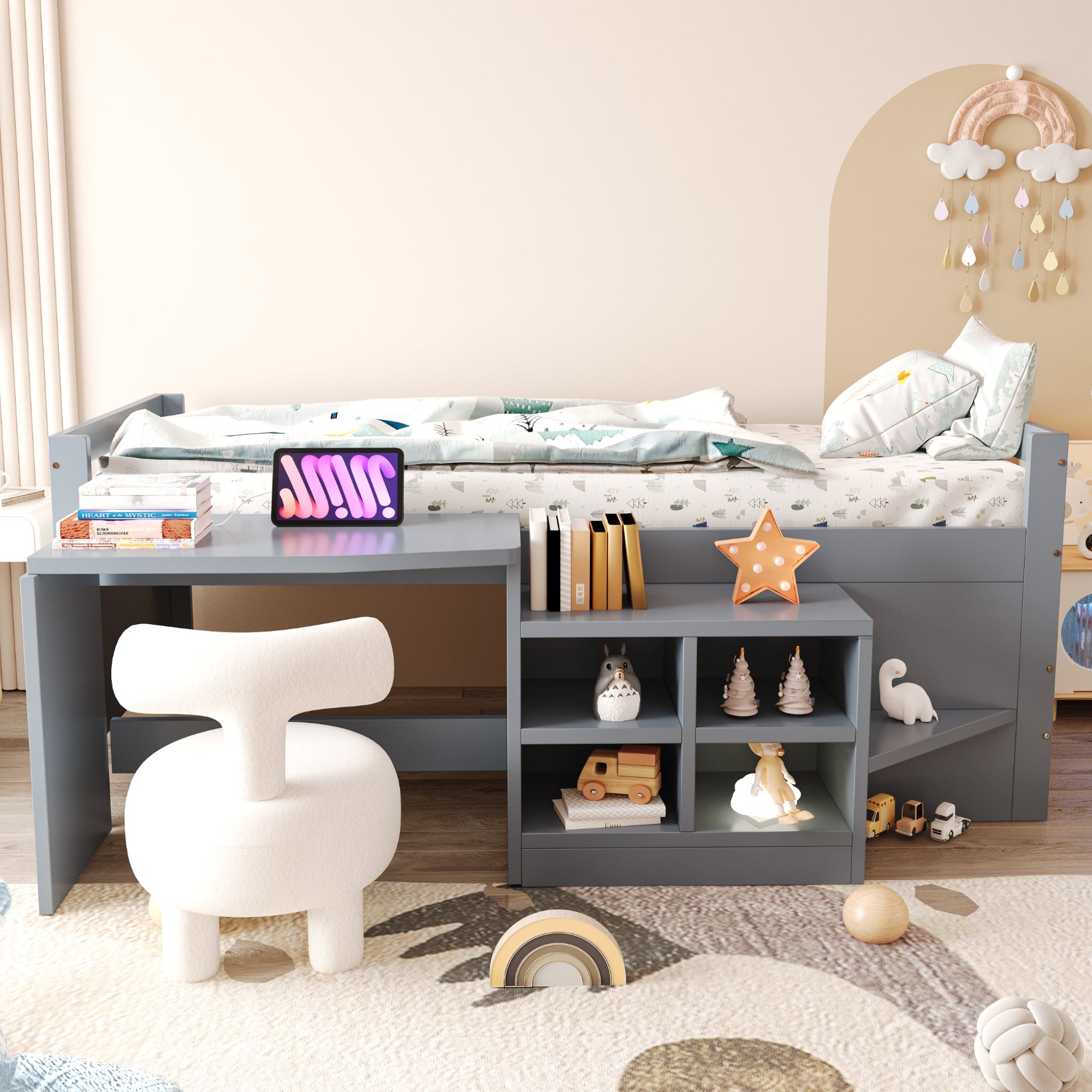 Children's Bed with Storage, Desk and European Sockets, 90x200cm, Grey Wood