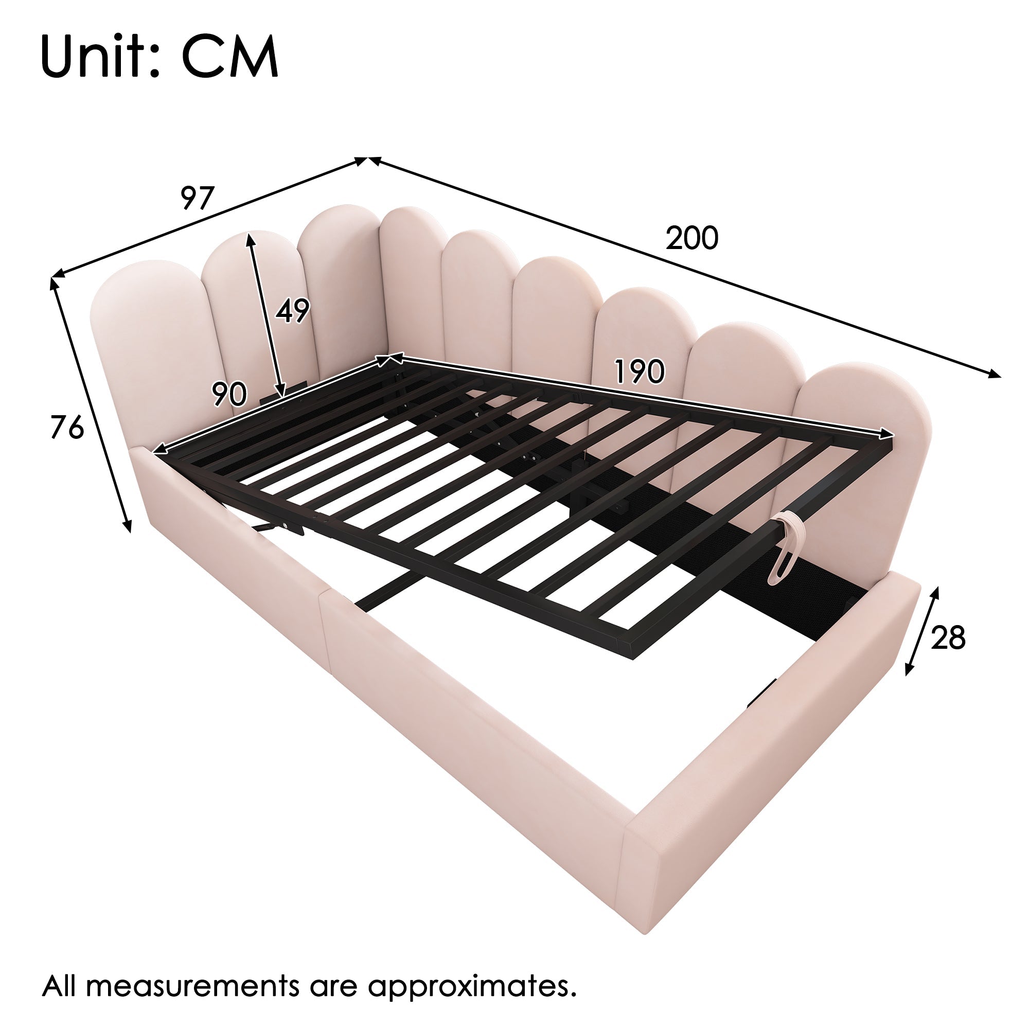 Upholstered Daybed Sofa Bed 90x190cm Hydraulic Storage Metal Slatted Base Velvet Pink