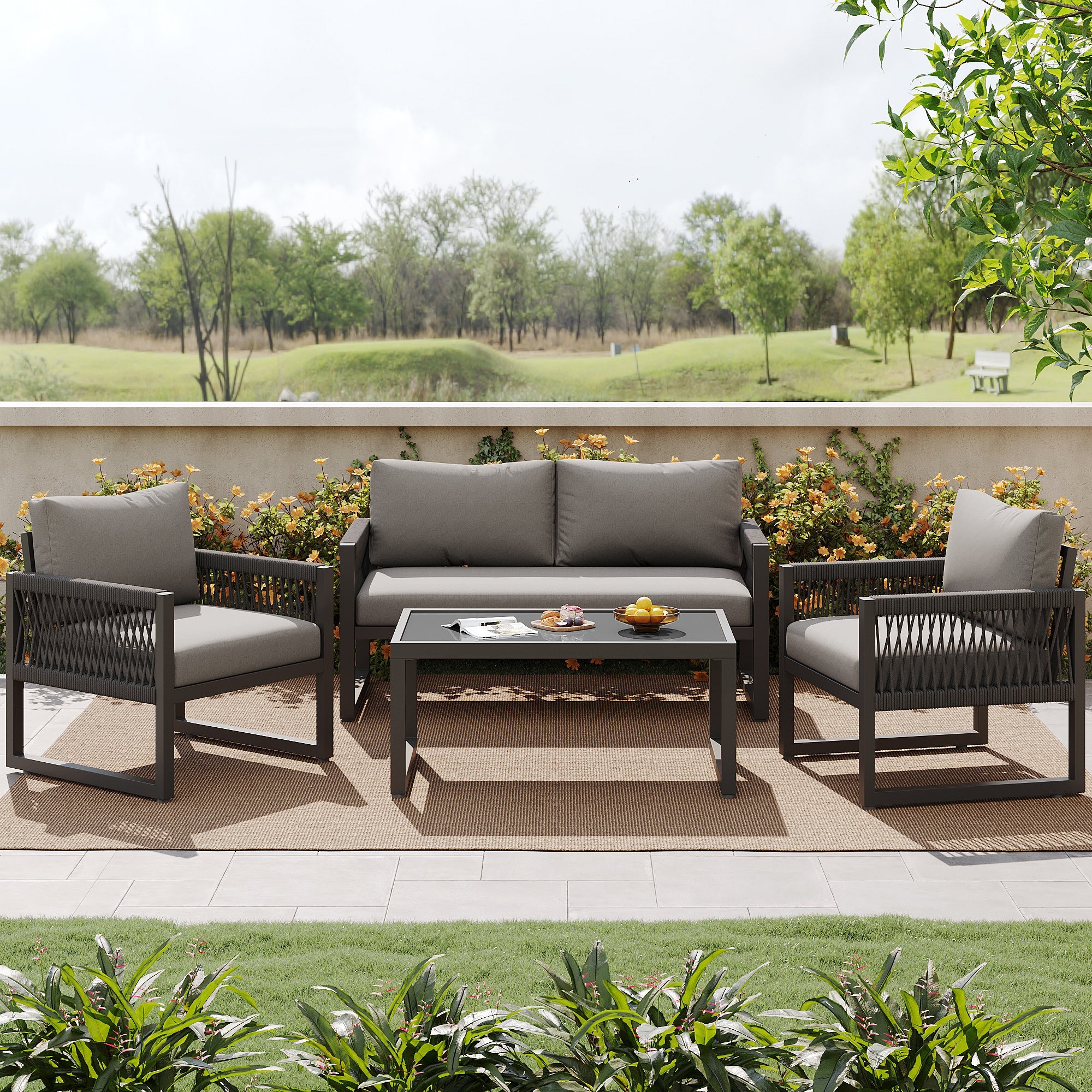 Garden Lounge Set 4-Piece Rope Glass Top - Grey