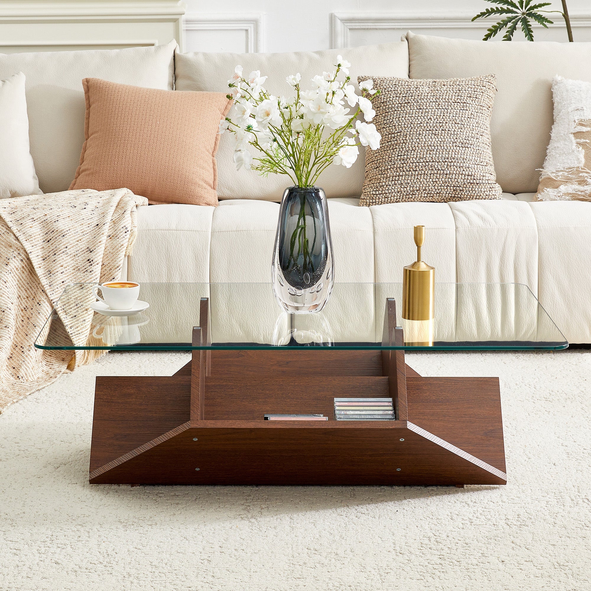 Multi-Storage Coffee Table with Tempered Glass and Spacious Compartments, Walnut Finish MDF