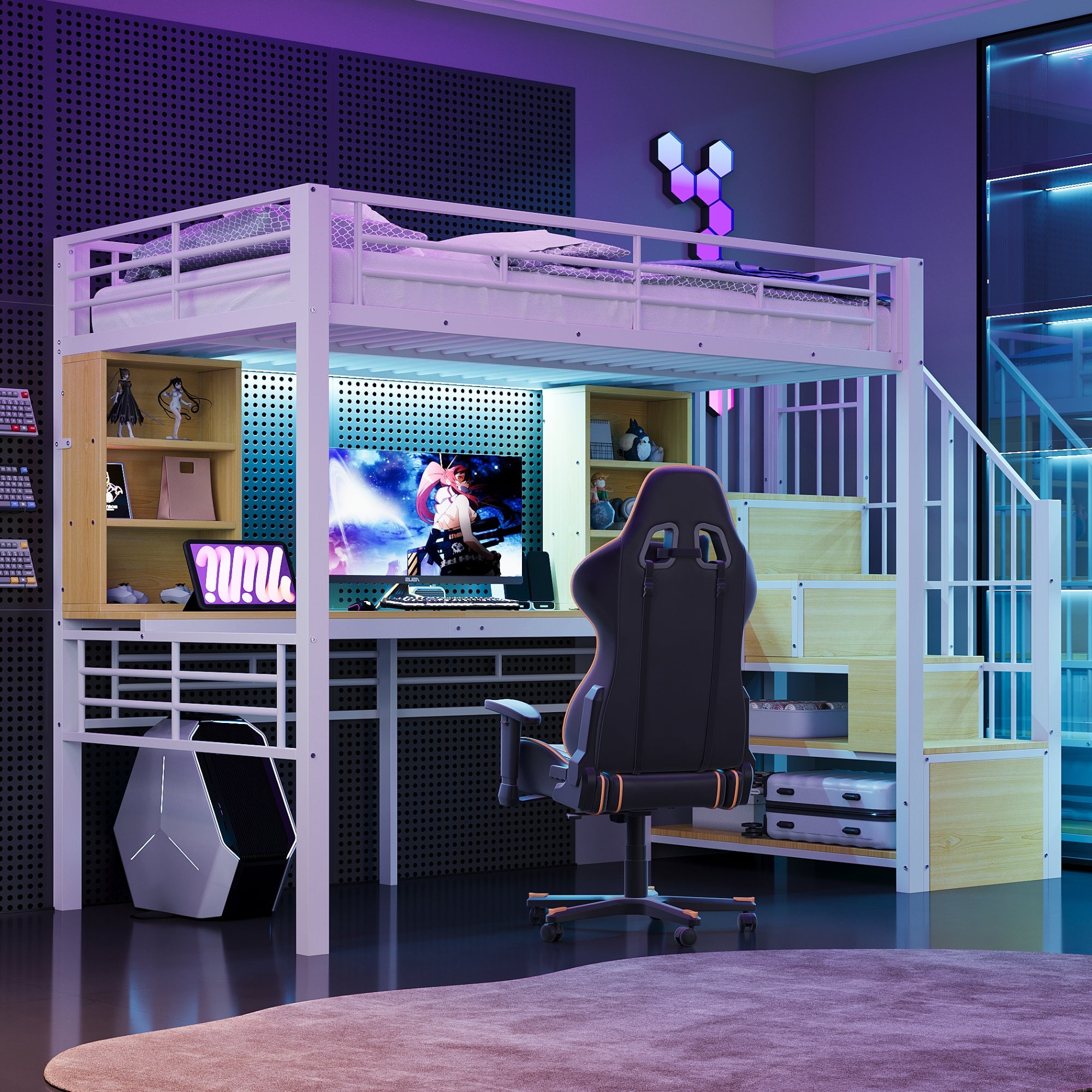 Loft Bed with Desk, Shelf, LED Lighting and Storage Stairs, 90x200cm, White Iron Frame
