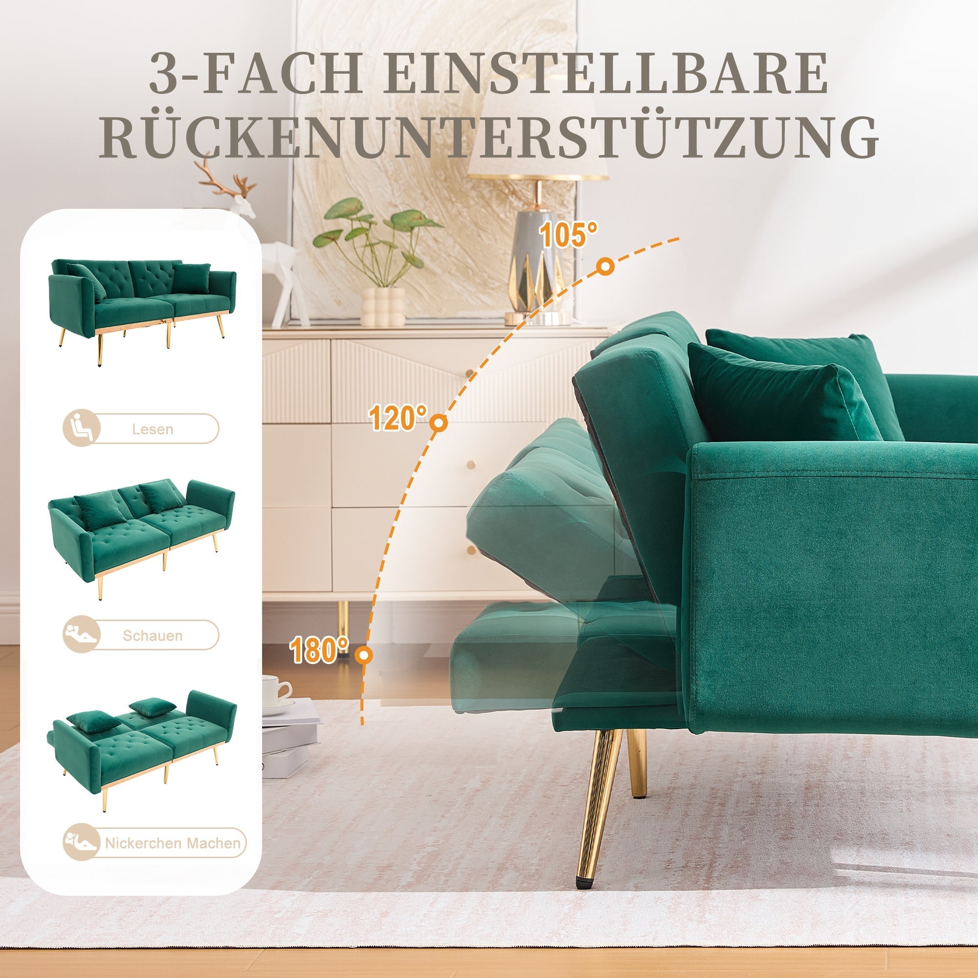 Two-Seater Sofa, Adjustable Backrest Sofa Bed with Metal Legs, Emerald Velvet