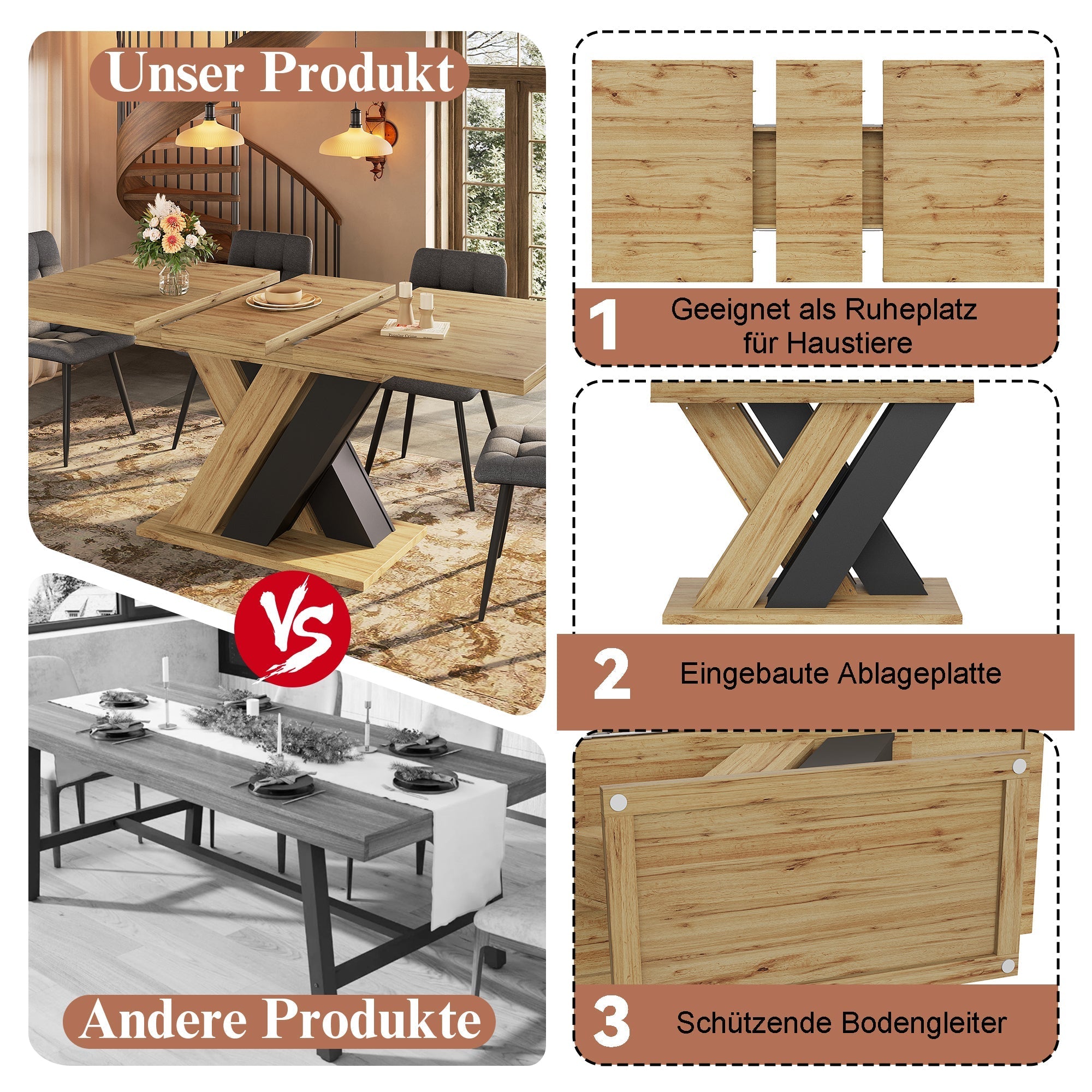 Telescopic Dining Table 119-158.5x80cm Extendable X-Legs - Wood Color