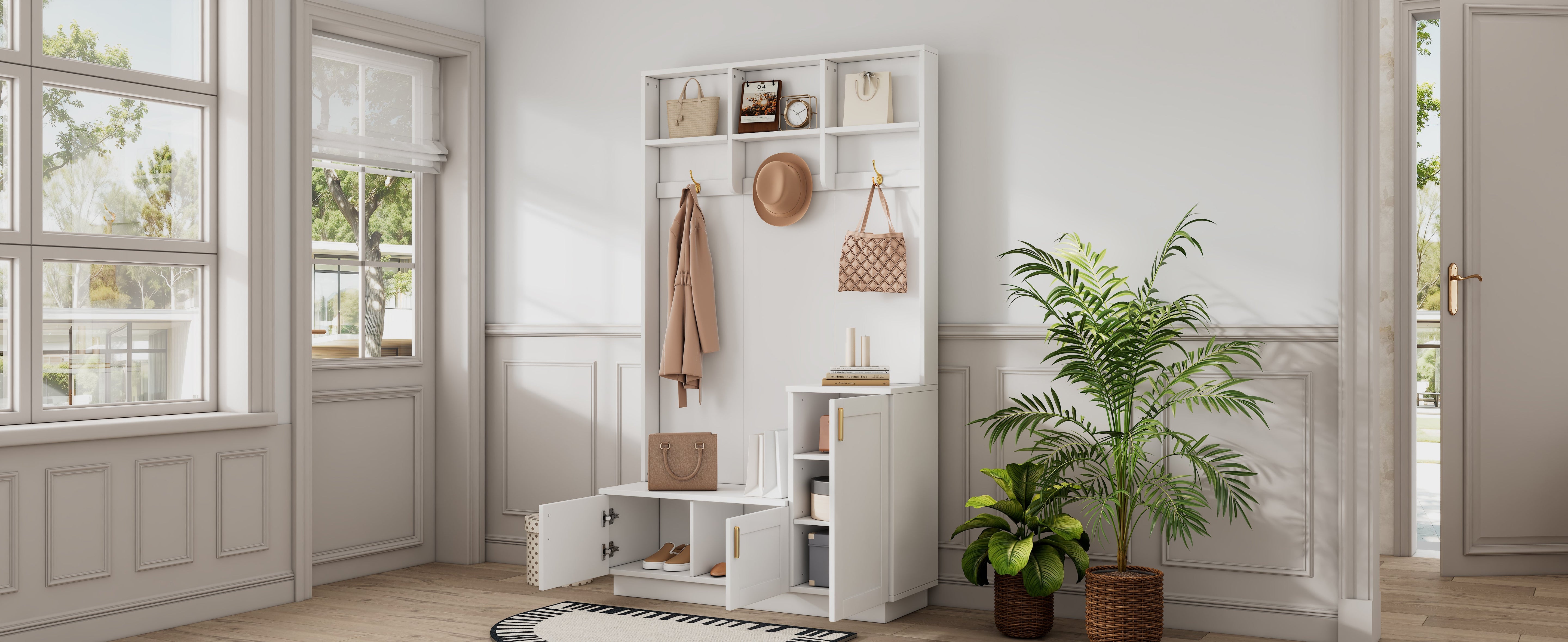 Wardrobe Set with Bench & Shoe Rack, Multifunctional Storage, White