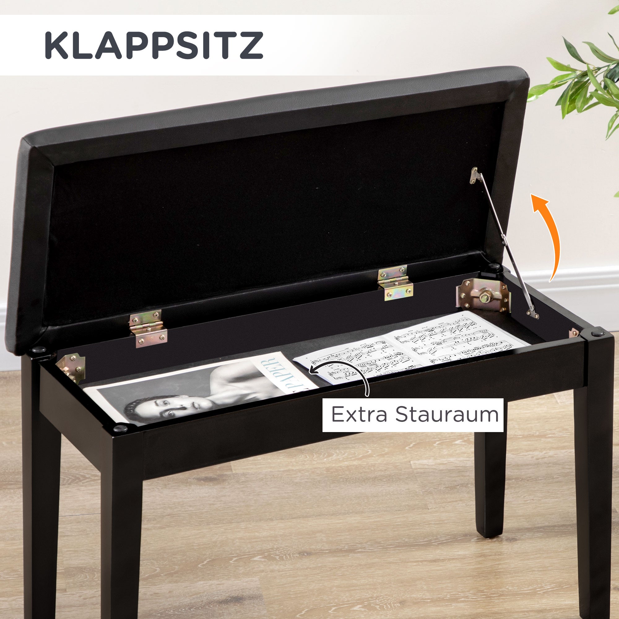 Piano Bench Height-Adjustable Storage 75x35x49cm Black Leather