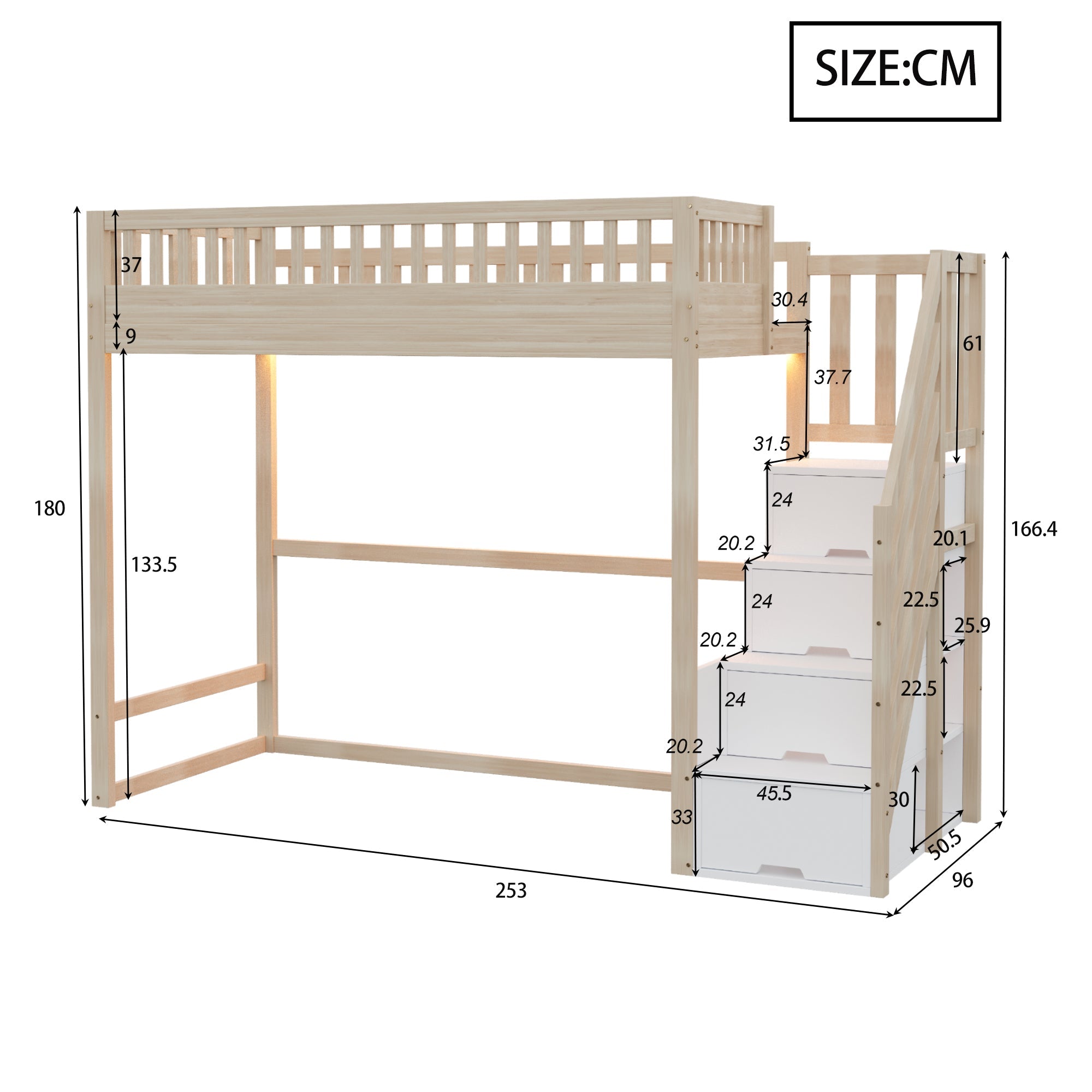 Loft Bed with Safety Railing, LED Light Strip and Interchangeable Ladder, 90x200cm, Natural Pine Wood