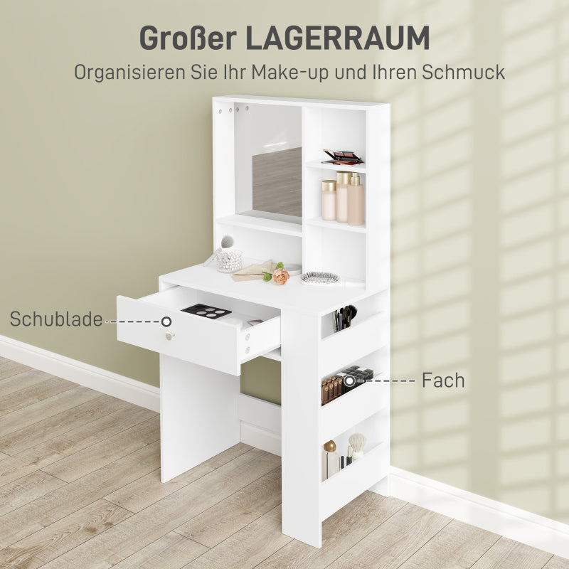 Dressing table with mirror, drawer, 3-tier side shelf, white chipboard