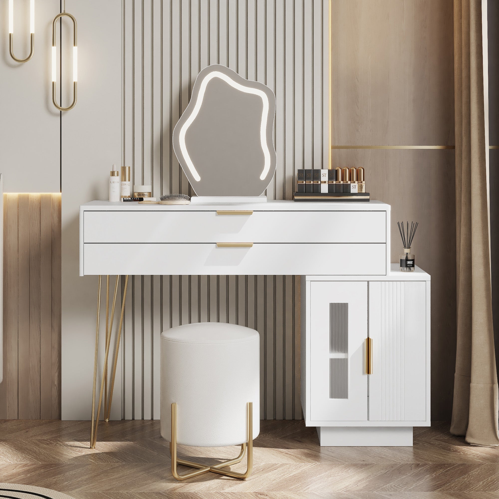 Dressing table with LED-lit mirror, extendable design, white