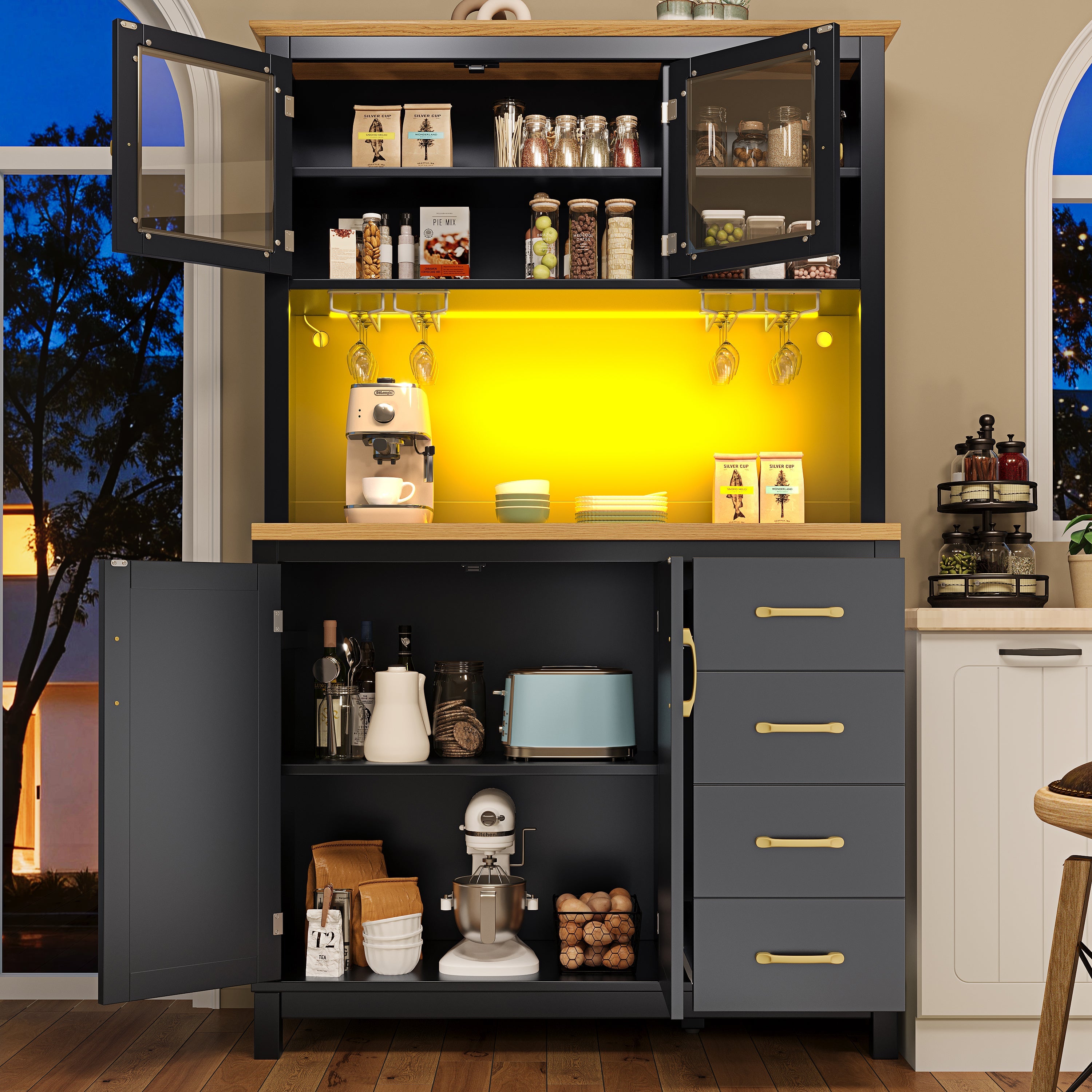 Sideboard Kitchen Buffet Cabinet with LED Lights and Drink Holders, Green, Black and White