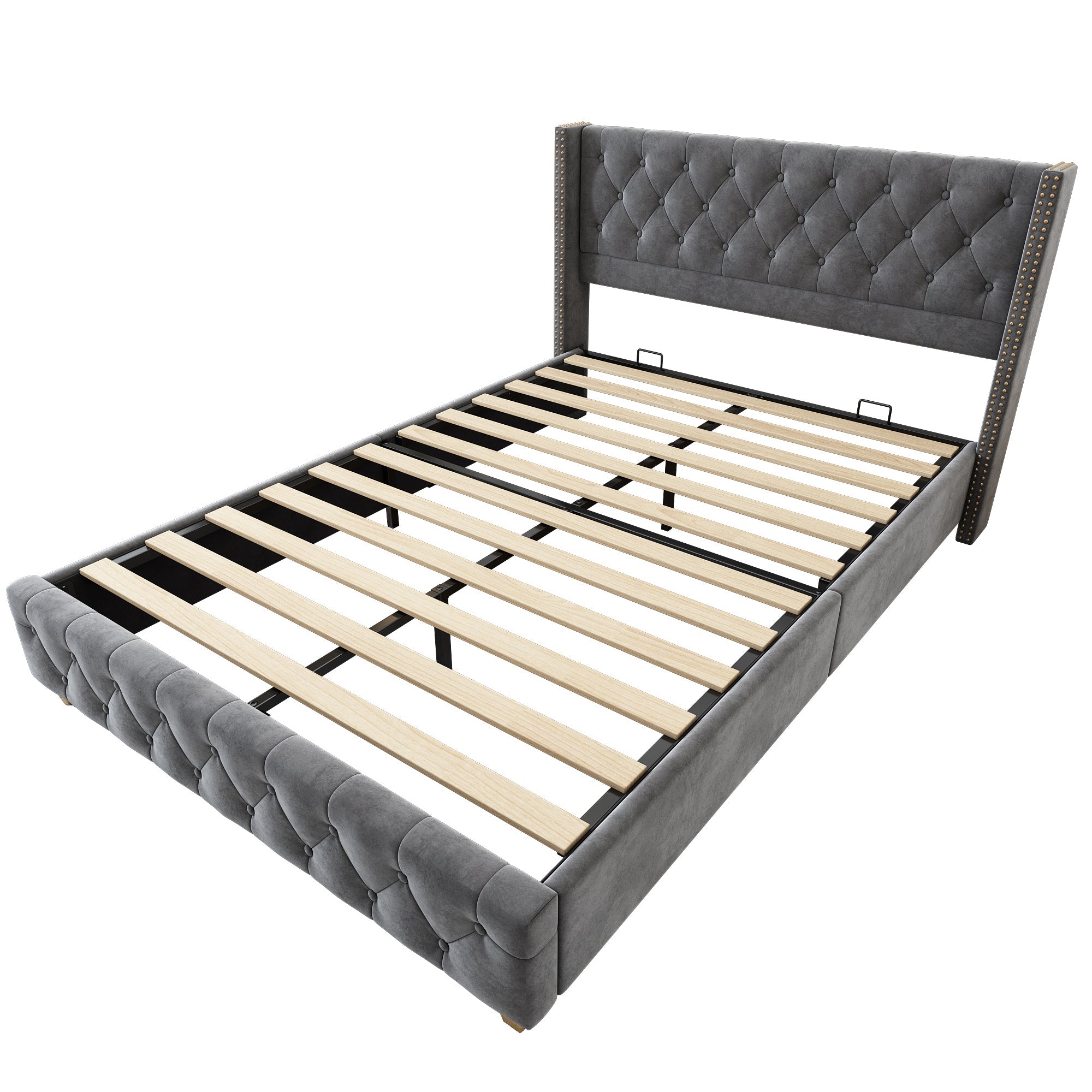 Lit rembourré 140x190cm Tête de lit Sommier à lattes Boutons Rivets Pieds en bois Velours gris