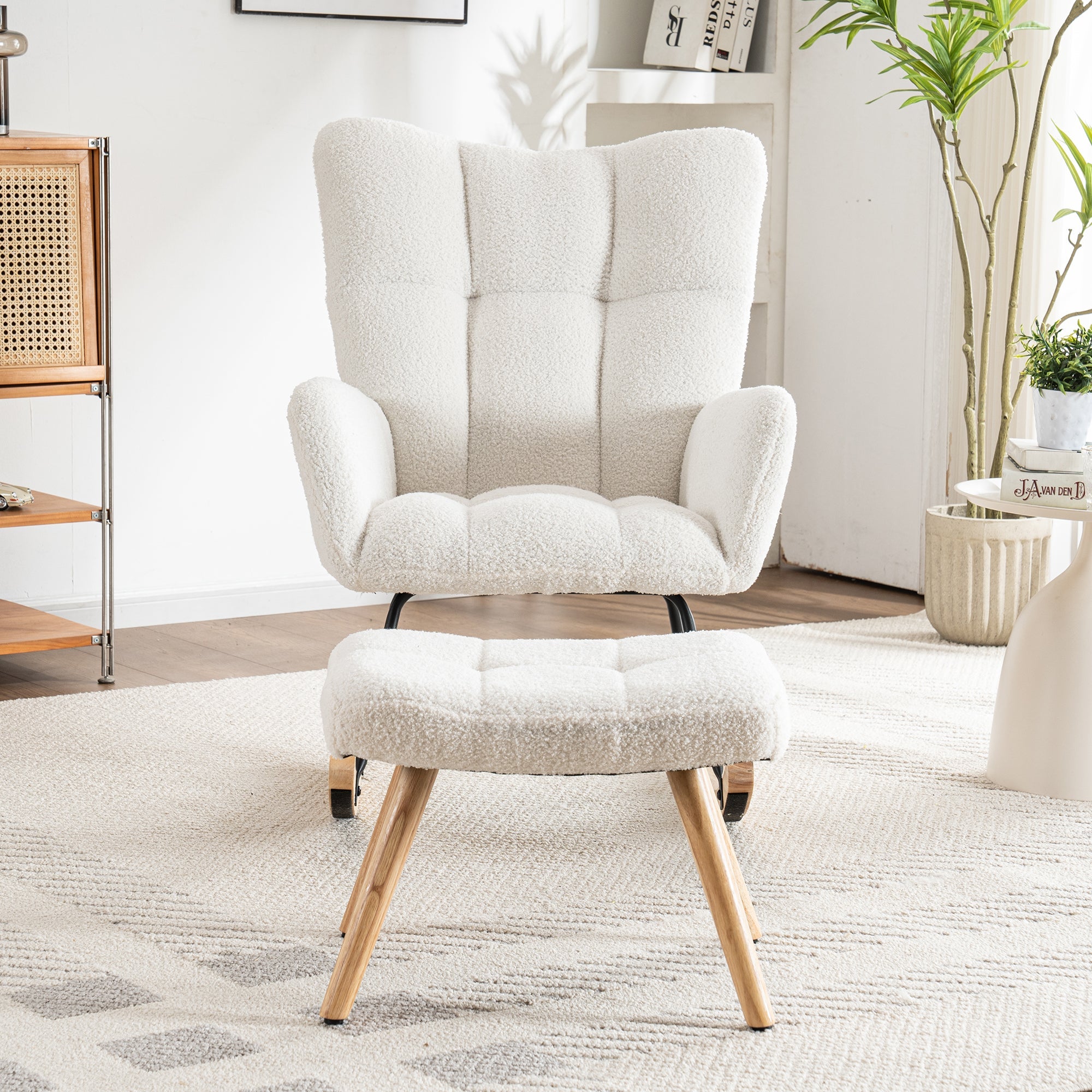 Ergonomic Rocking Chair with Footstool, Rubber Wood Frame, White