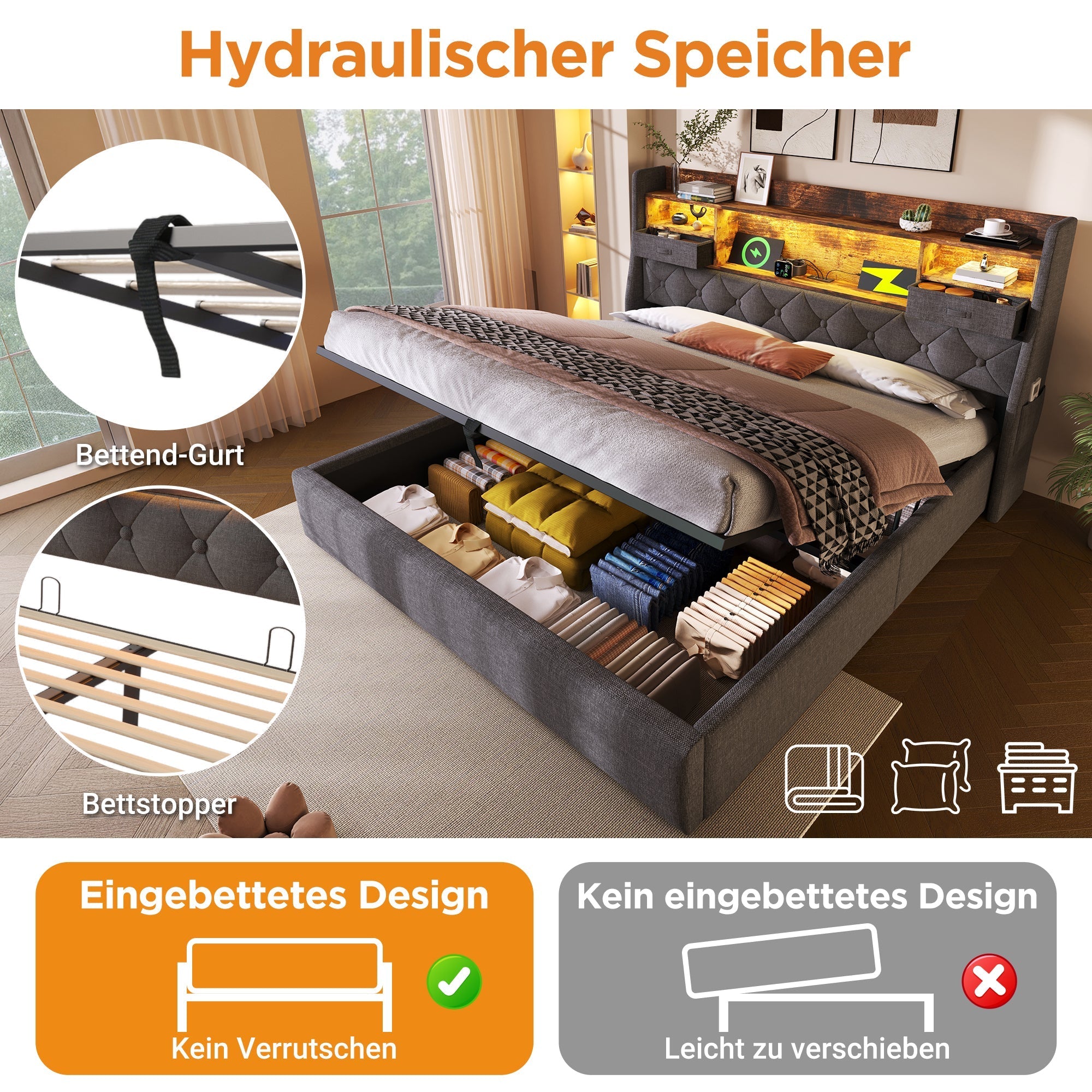 Upholstered Bed 160x200cm Hydraulic Storage LED Headboard USB/Type-C Grey Linen