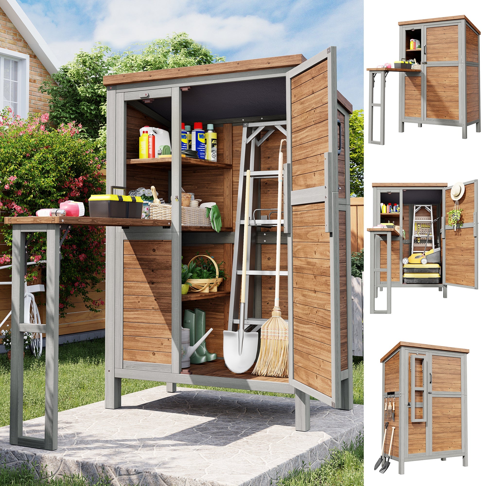 Outdoor Garden Cabinet with Fold-out Worktop and Adjustable Shelves, Fir Wood