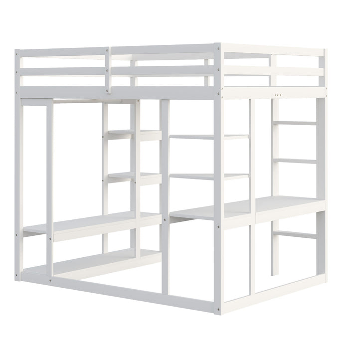 Loft Bed with Desk and Shelves, Solid Wood White and Grey