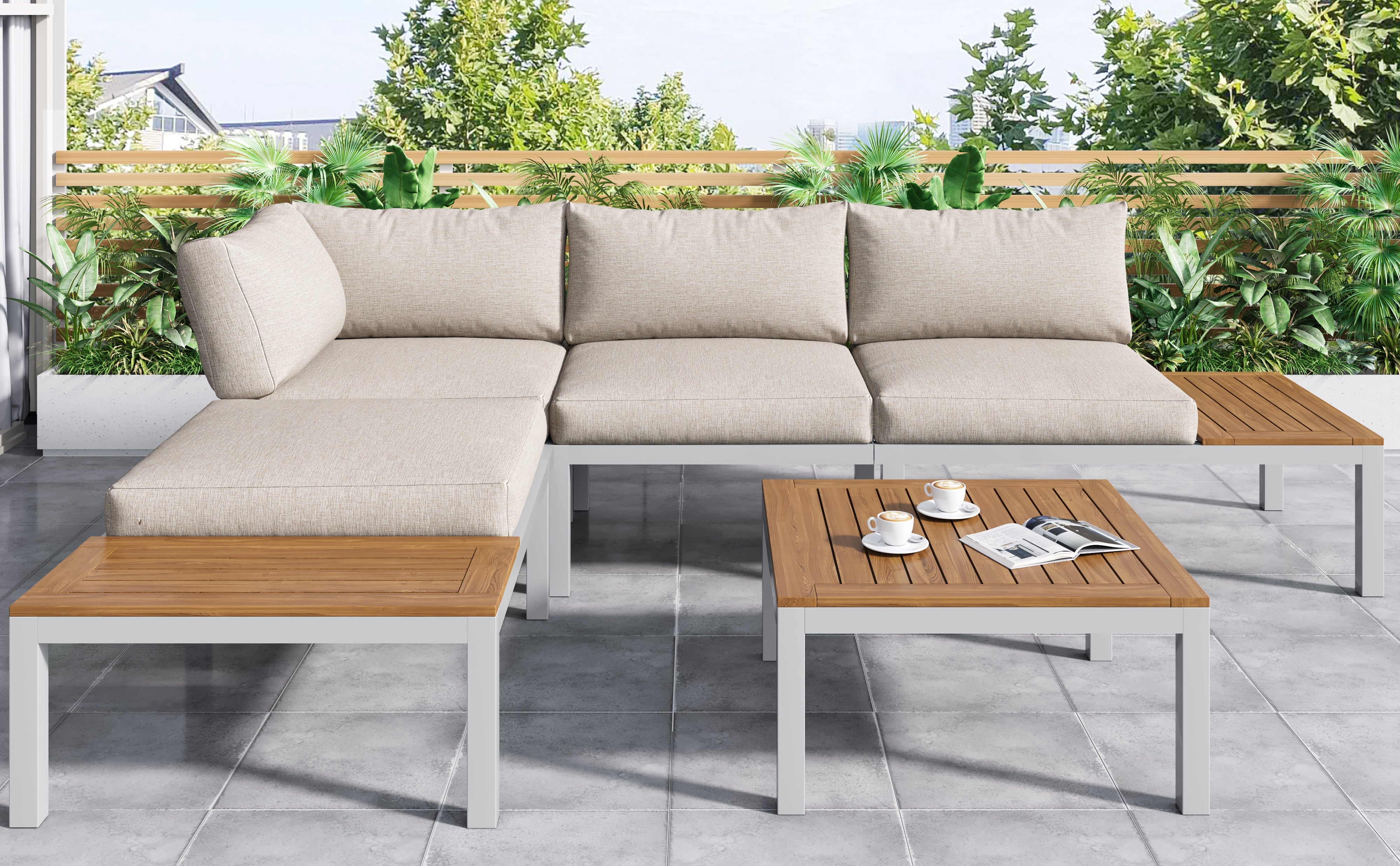 Outdoor Patio Garden Lounge Set for 4, Space Saving L-Shaped Corner Sofa with Wooden Table, Beige