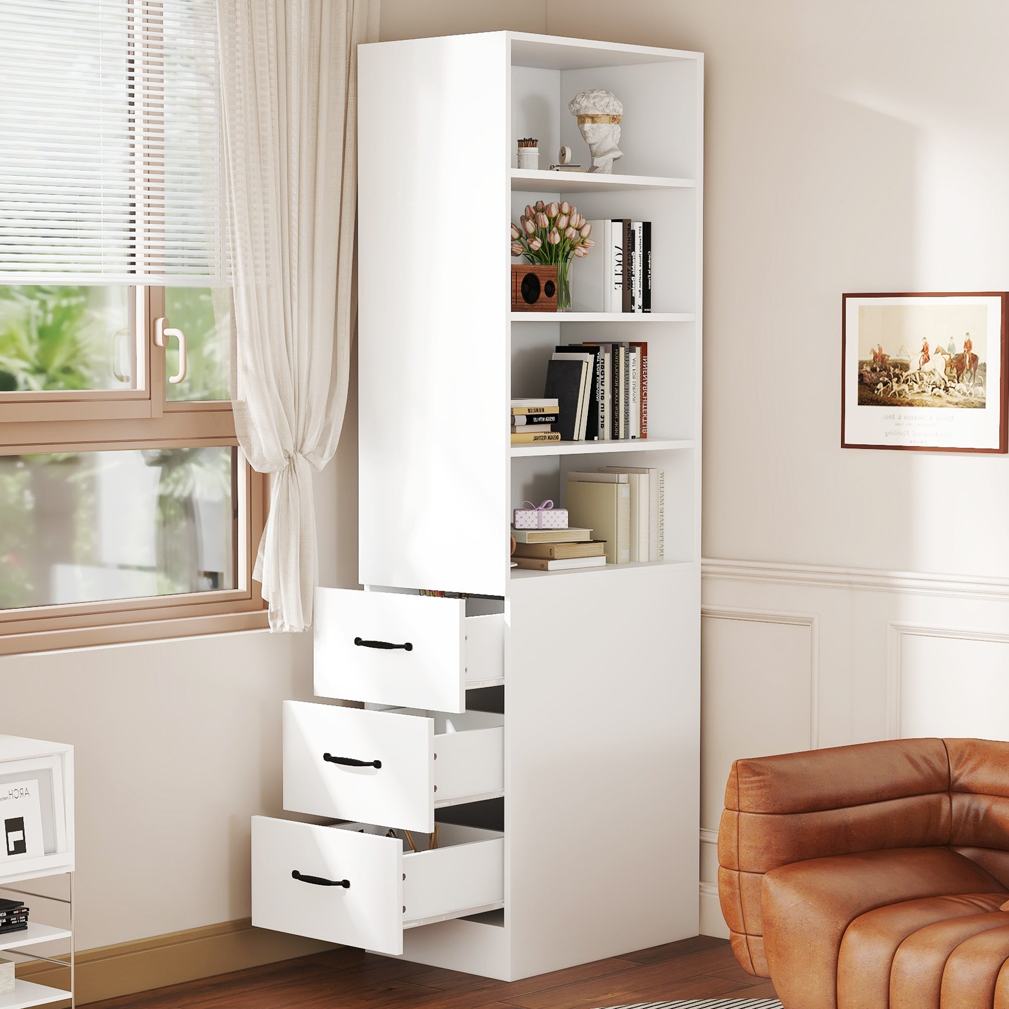 Bookcase, 180cm Extra-Narrow with Side Drawers, Adjustable Shelves, Living Room Tall Cabinet