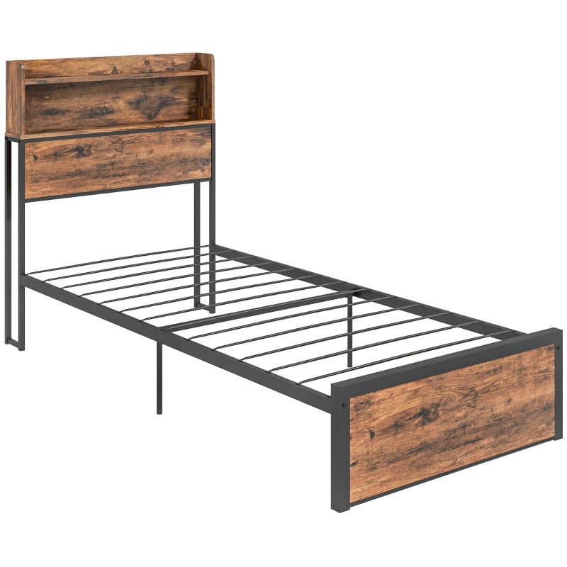 Industrial Single Bed Frame, Steel Base with Storage Headboard and Slats, Rustic Brown
