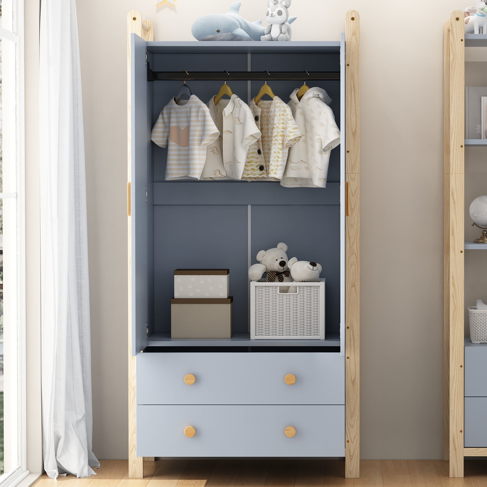 Wardrobe 2-Door with Clothes Rail and 2 Drawers, Blue Chipboard + Pine Frame
