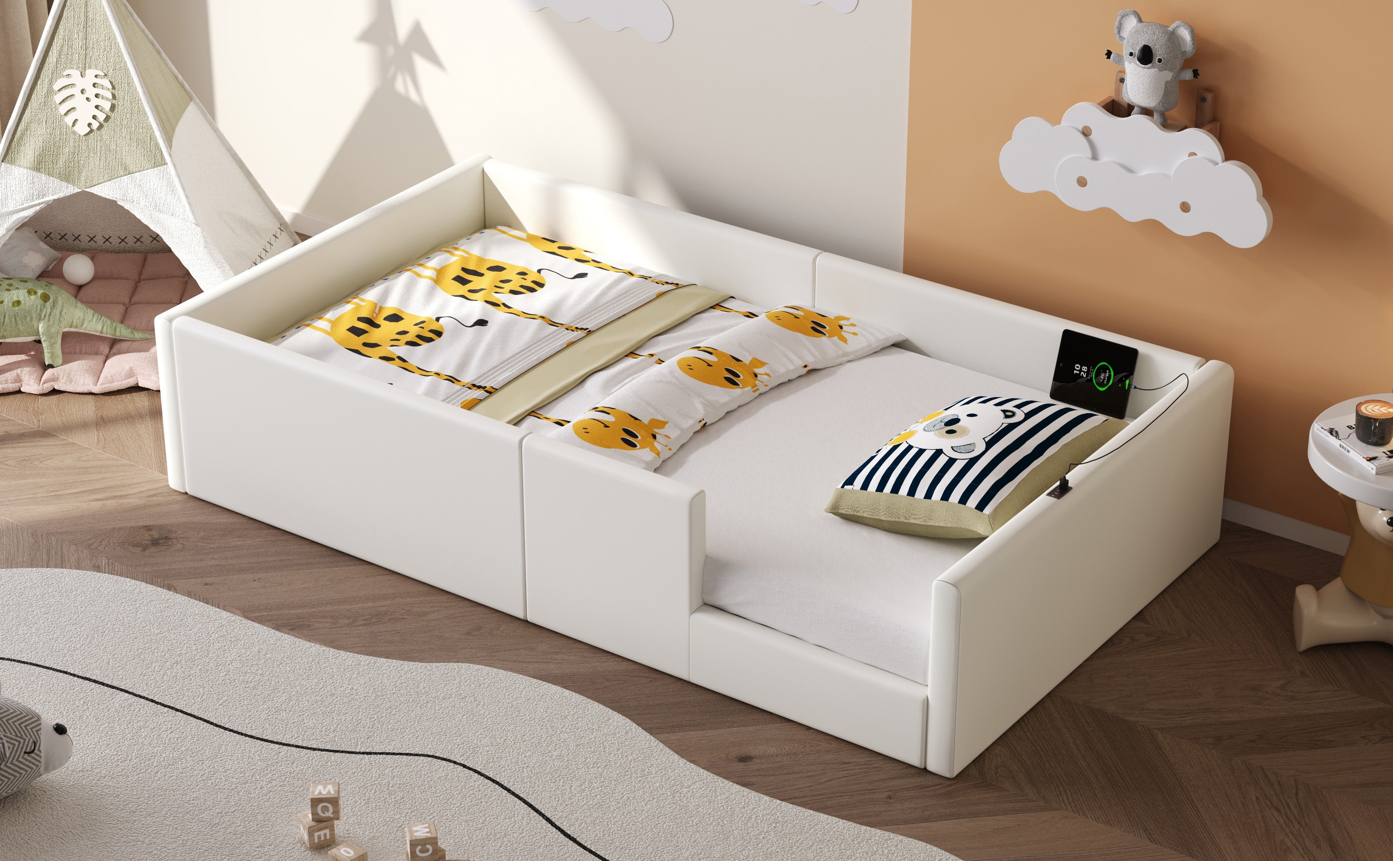 Upholstered Platform Bed with Safety Railing and Charging Station, 90x200cm, White Velvet
