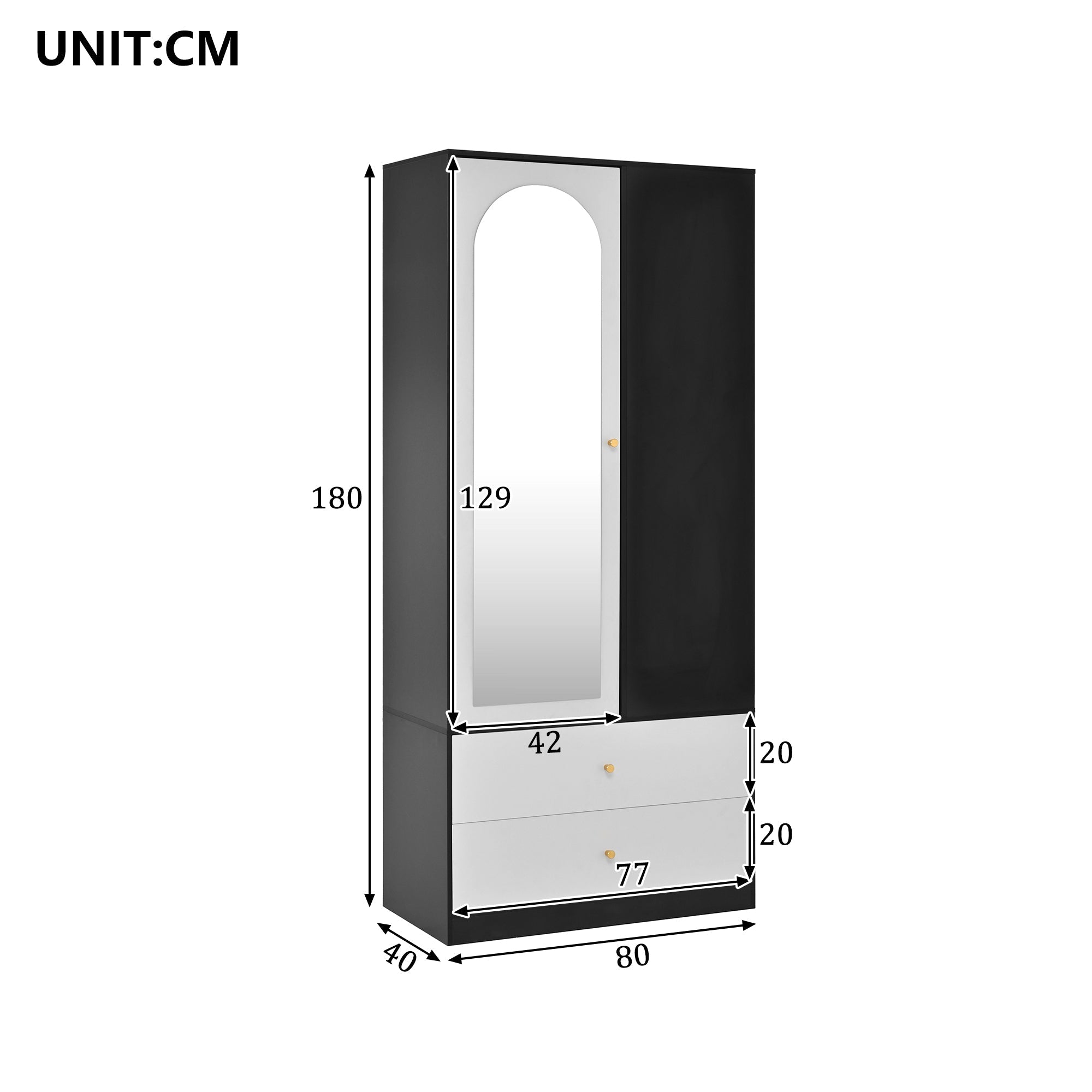 Wardrobe with Mirror 2 Drawers 4 Shelves Bedroom Storage 80x40x180cm White and Black