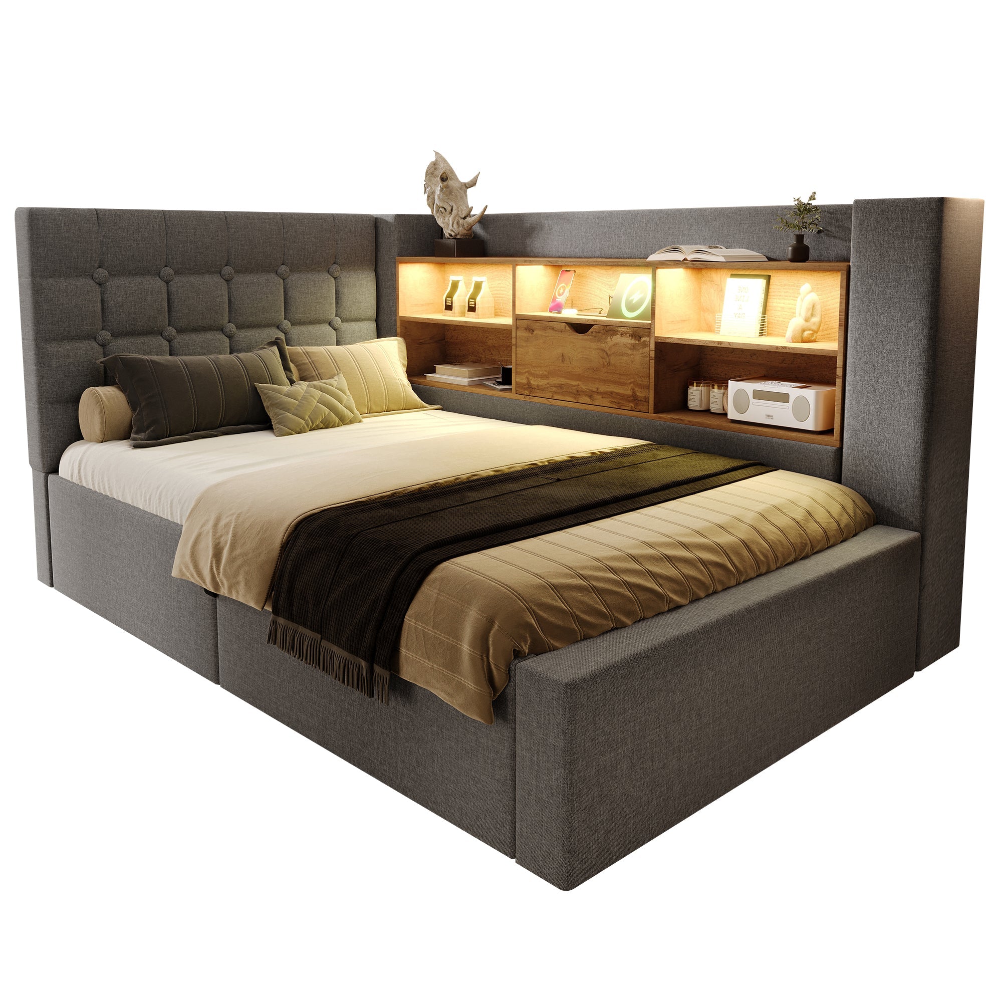 Upholstered Single Bed with LED, Hydraulic Storage and L-Shaped Headboard, 90x200cm, Grey Linen