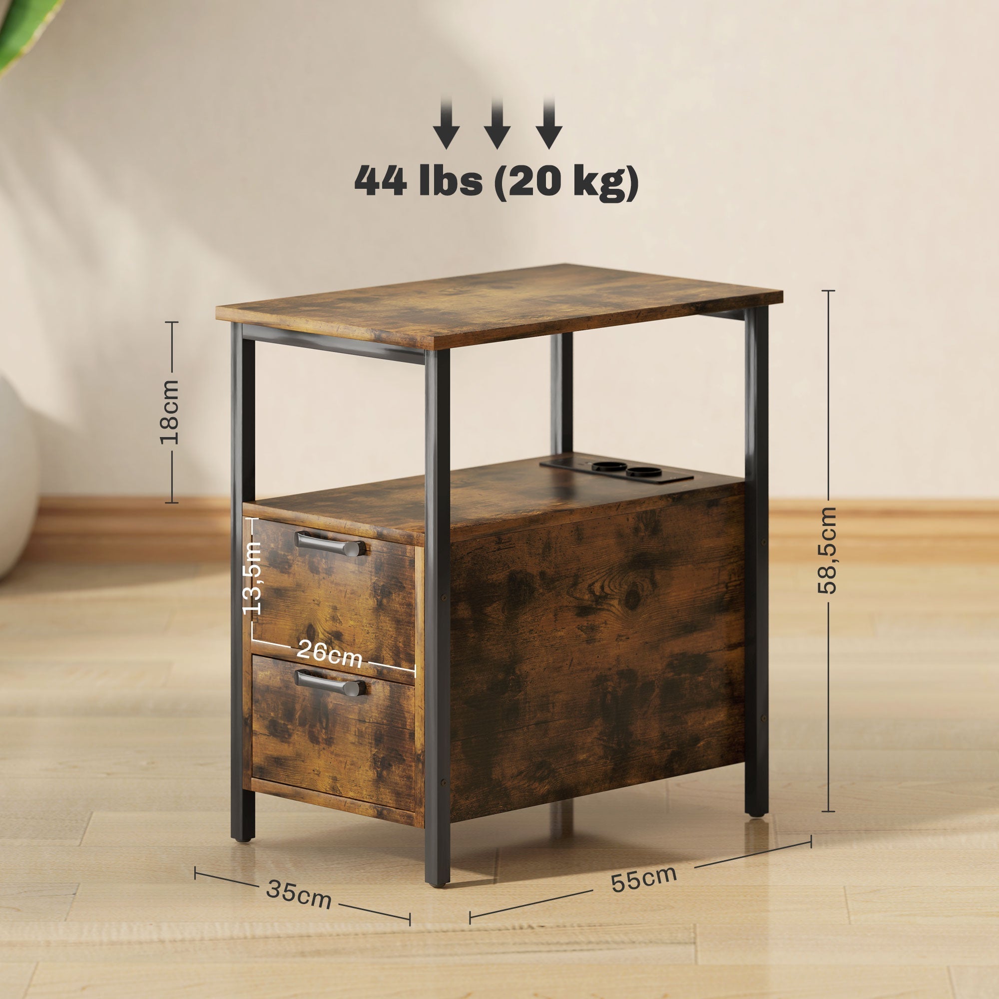 Side Table Coffee Table with Charging Station, 2 Drawers, Rustic Brown