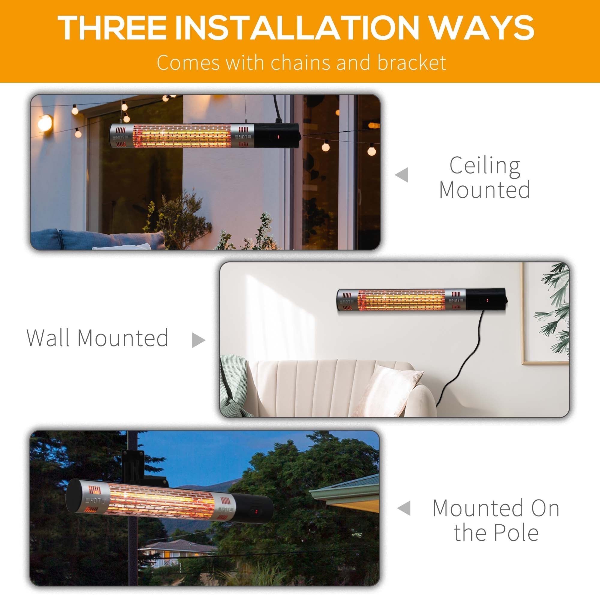 Outdoor Patio Garden Warmer, 1500W Wall Mounted Electric Infrared Halogen Heater with Remote Control, Black