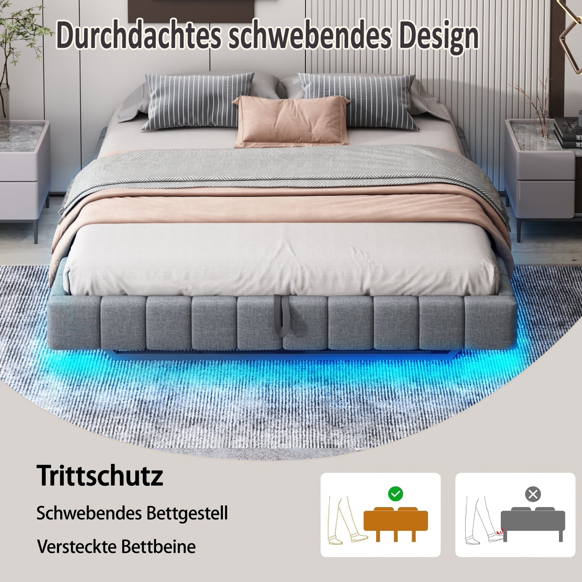 Upholstered Bed 160x200cm Hydraulic Storage LED Floating Frame, Linen Grey