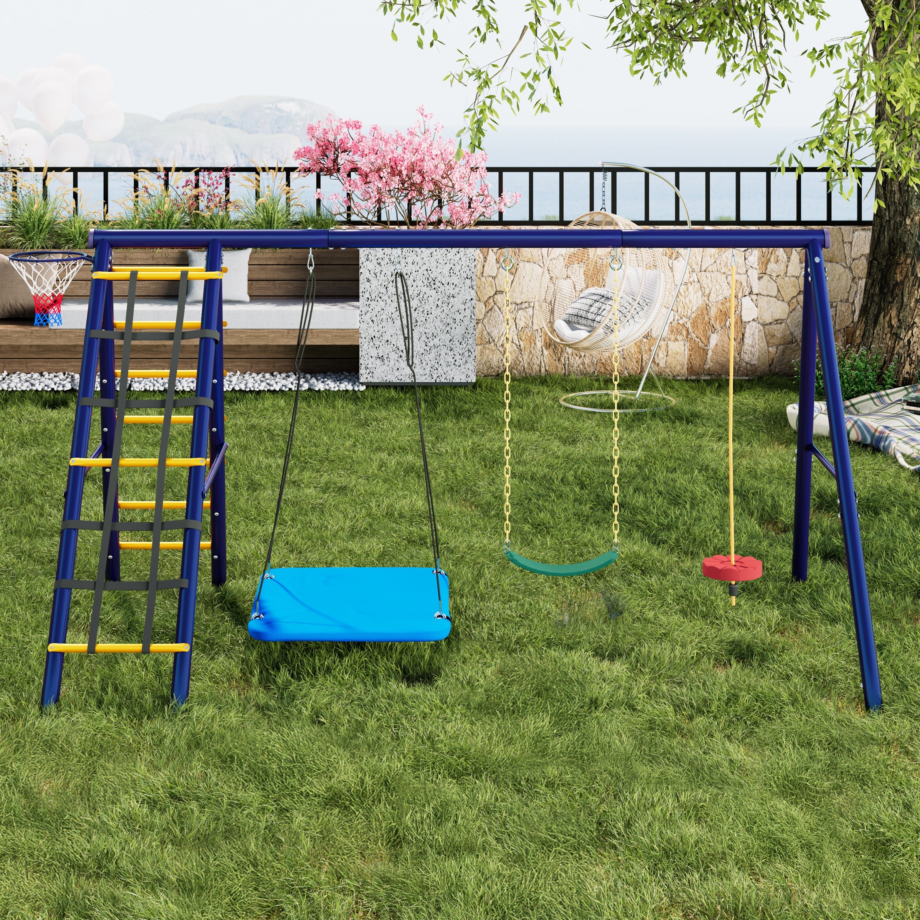 Multifunctional Outdoor Swing Set - 3 Swings, Climbing Frame, Basketball Hoop, Steel