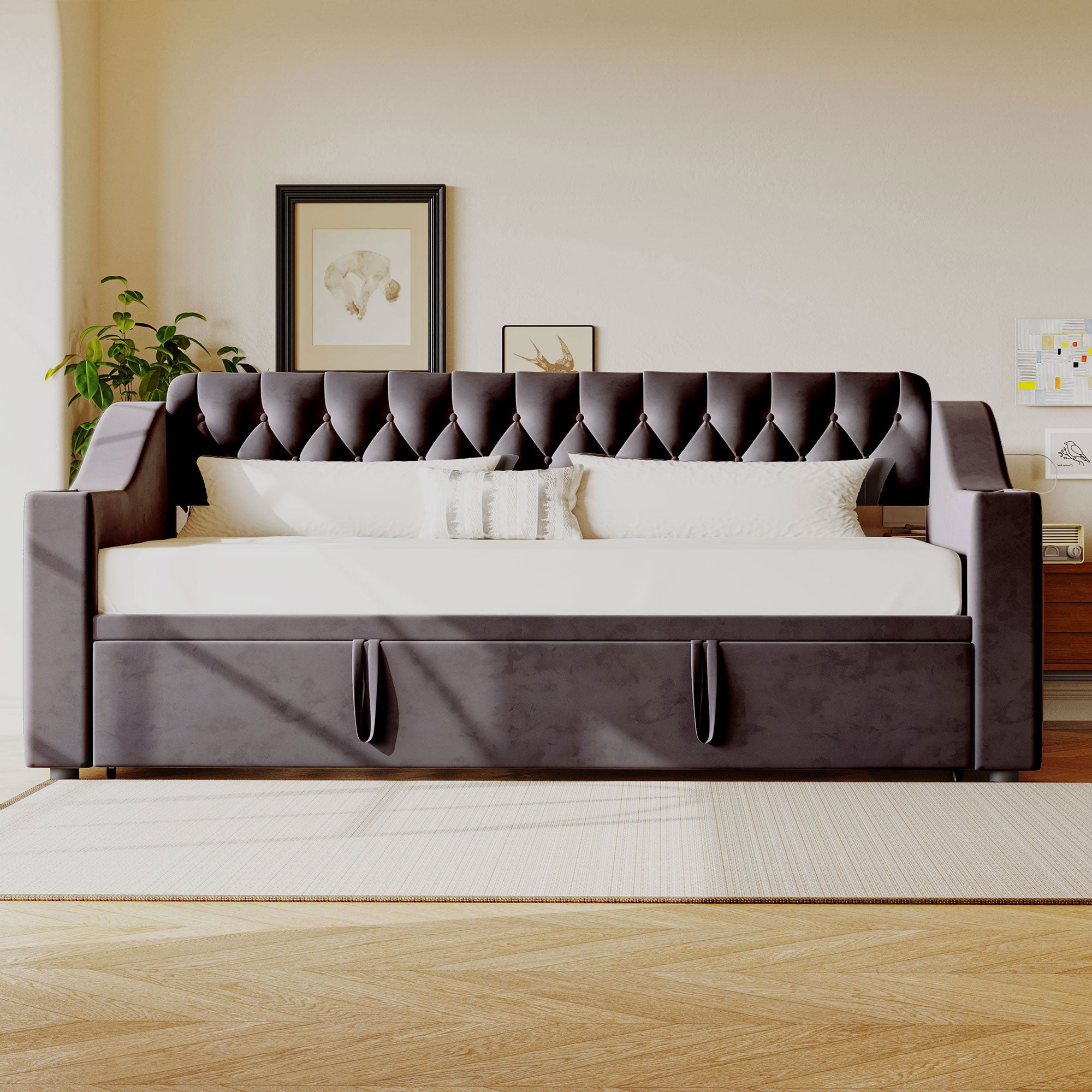 Upholstered Sofa Bed, Extendable 90/180x190cm USB Storage Slatted Base, Dark Grey Velvet