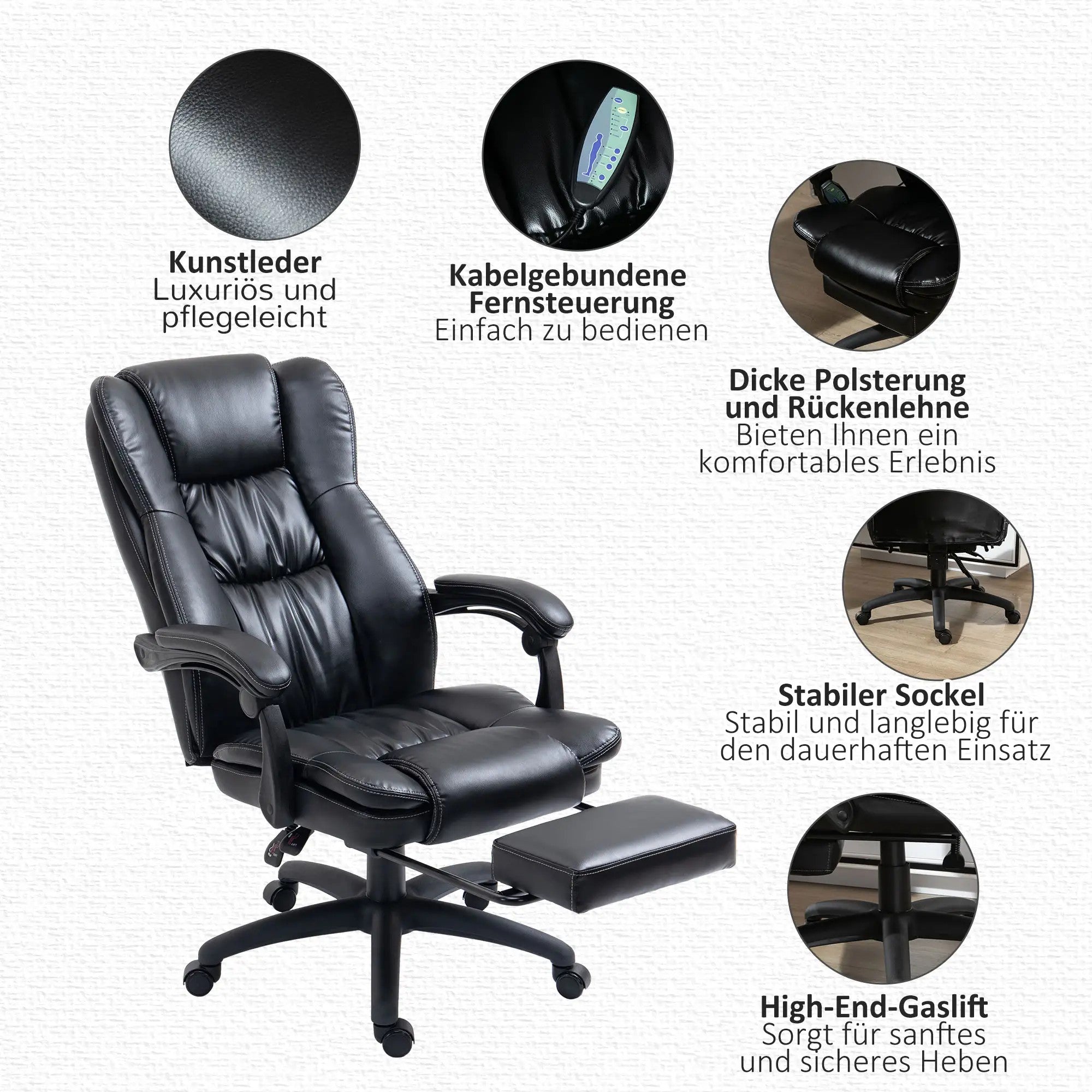 Office Chair Desk Chair Footrest Headrest Vibration Massage Height Adjustable, Black