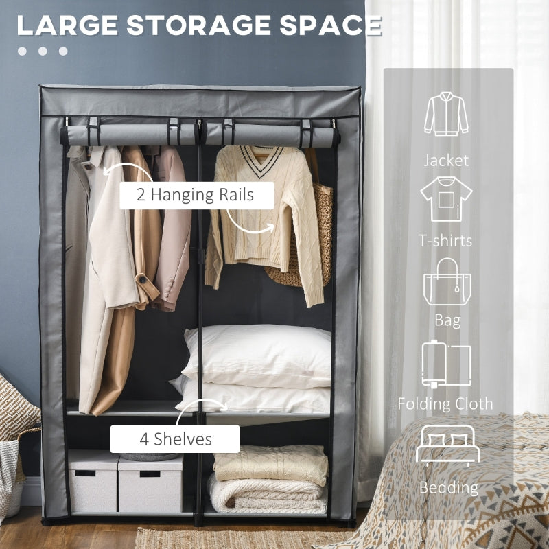 Steel Frame Fabric Wardrobe with Rail and Shelves, Light Grey