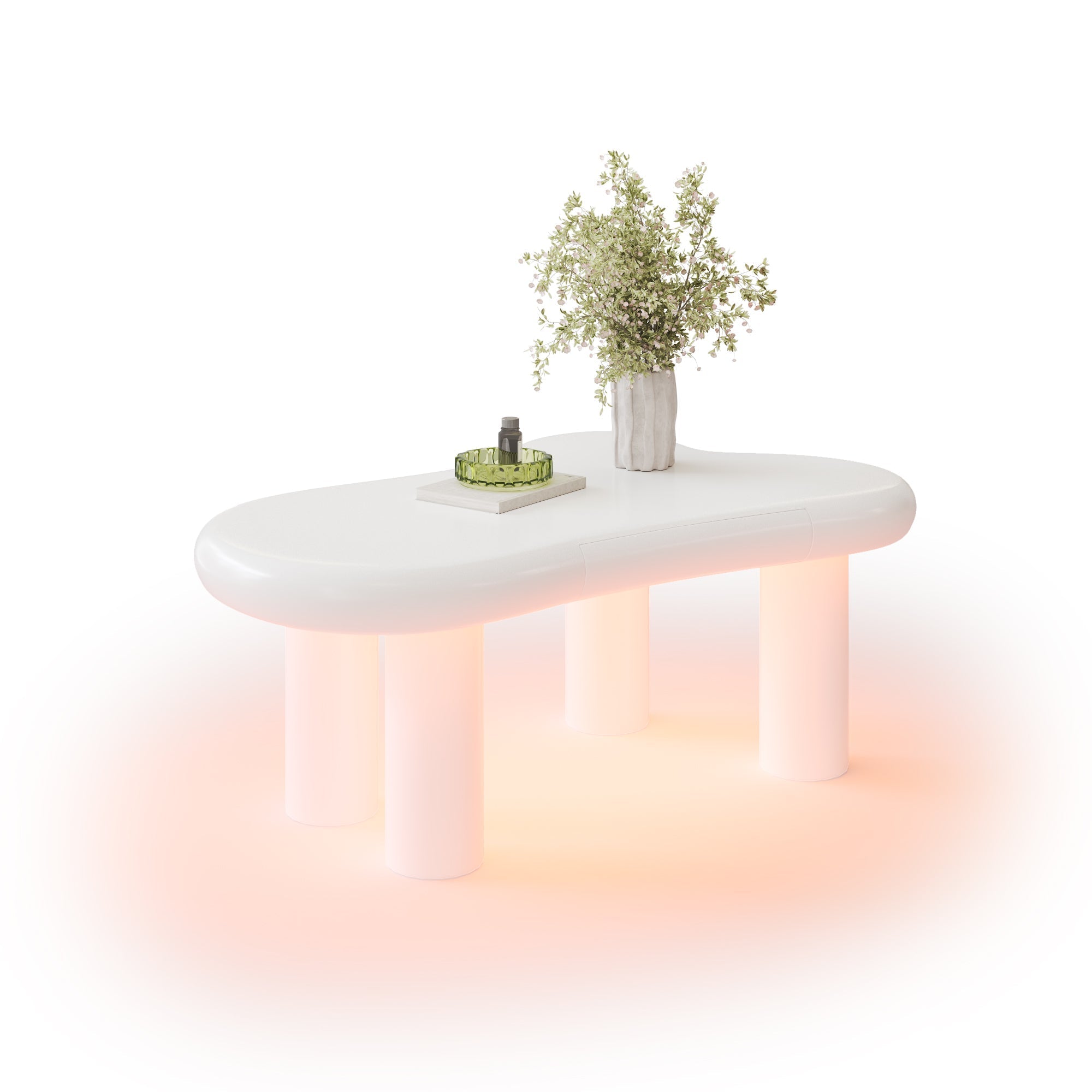 Coffee Table, Cloud-Shaped with 16-Color LED & Drawer, White MDF