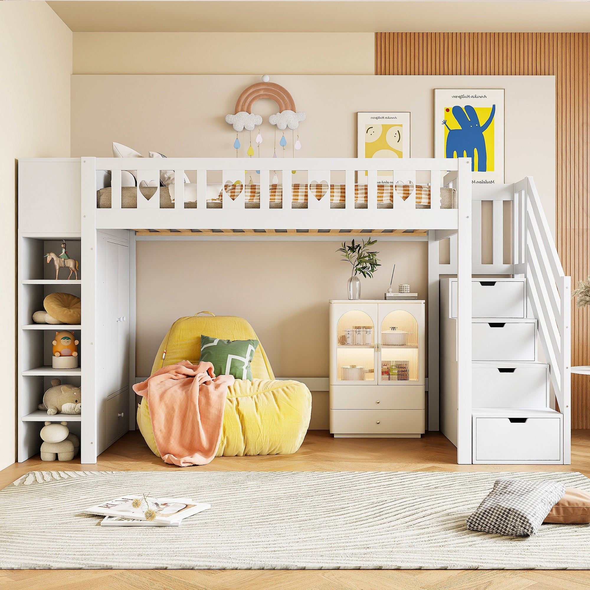 Loft Bed 90x200cm Storage Ladder Shelves Fold-Down Cabinet Love Railing - White