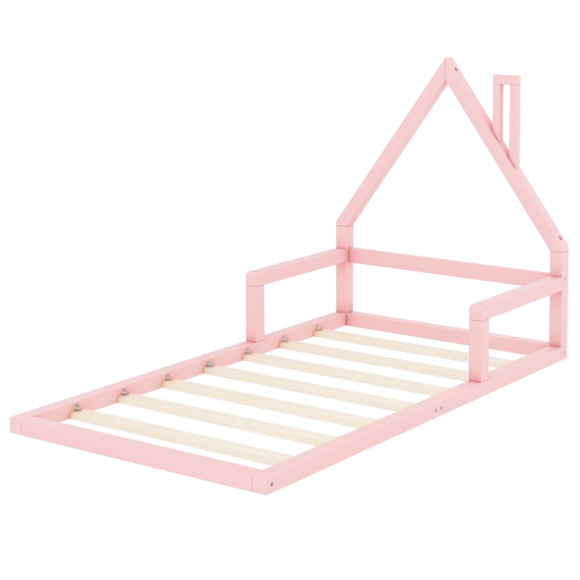 Children's bed, 90x200cm, flat bed, house shape, solid pine, pink
